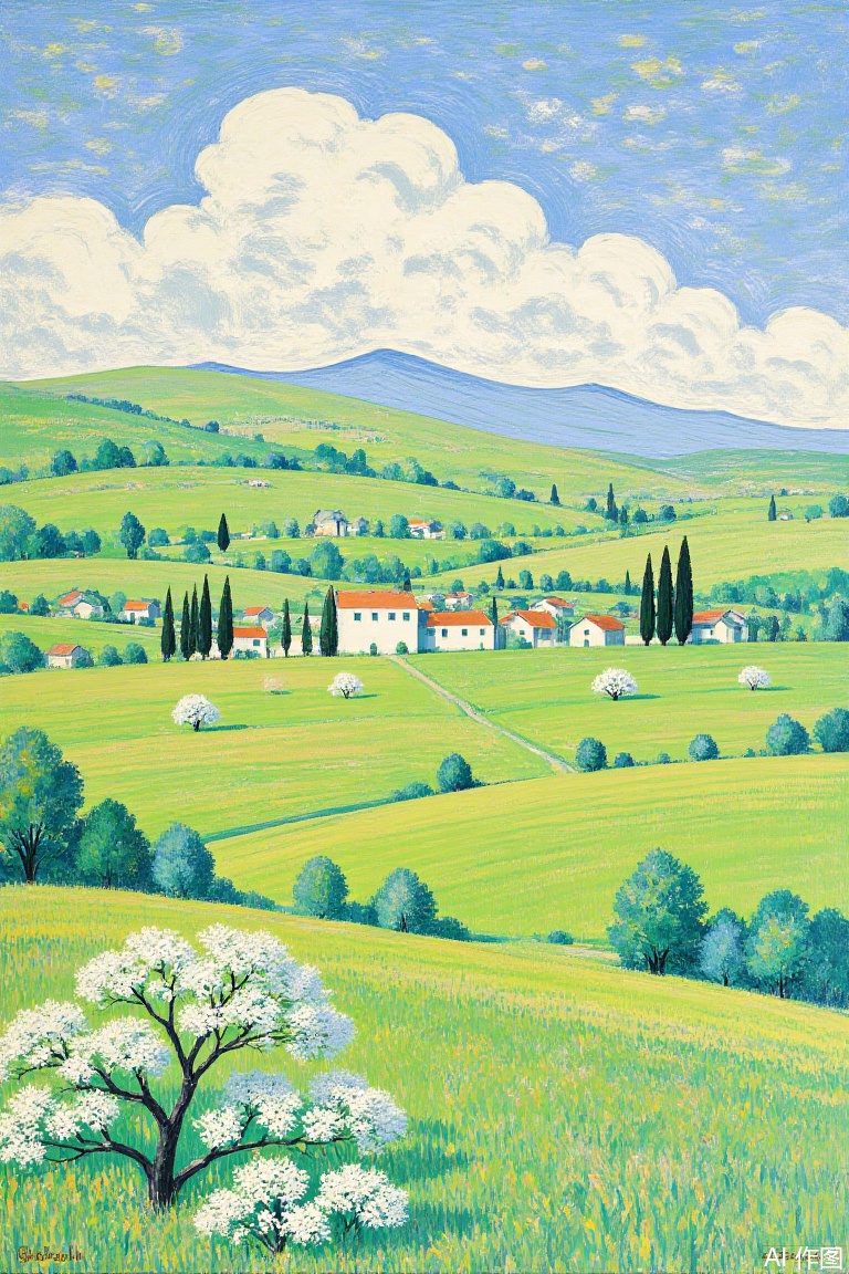 illustration This is a vibrant, impressionistic painting by Paul Klee titled "The Village" (1919). It depicts a lush, rolling landscape with a white village of houses with red roofs and tall cypress trees in the middle ground. The foreground features blooming white cherry blossoms. The sky is dotted with fluffy clouds. 