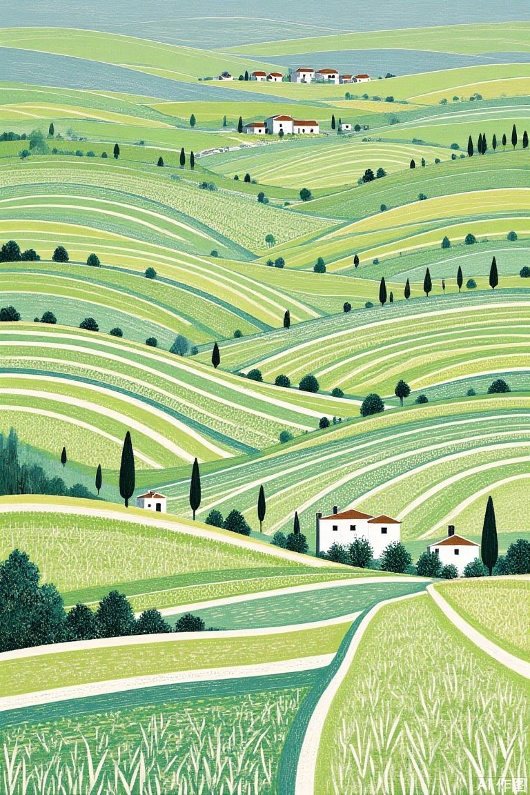 illustration This is a digital illustration in a stylized, flat, and minimalist art style. It depicts rolling green hills with terraced fields, dotted with white houses with red roofs and black cypress trees. The landscape is serene and picturesque, evoking a Mediterranean countryside. The background features a distant village with more houses. 