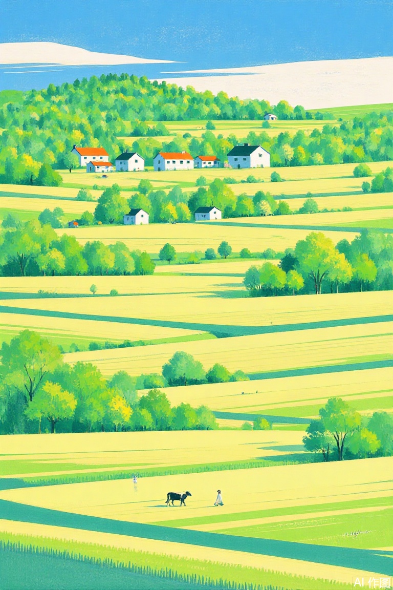 illustration This is a vibrant digital painting depicting a serene rural landscape. Rolling green fields stretch out, dotted with white farmhouses with red roofs. A lone figure walks a cow across the foreground. Trees and bushes populate the midground, while a distant horizon meets a blue sky. The style is reminiscent of Japanese anime, with bold, flat colors and clean lines. 