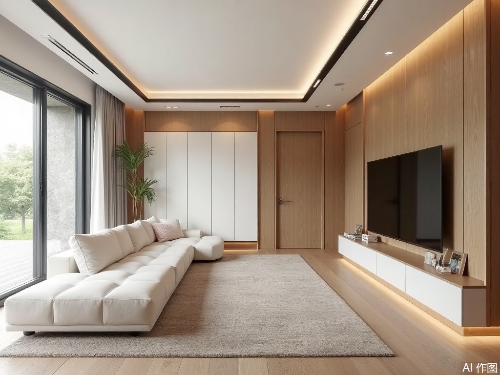 Natural Wood Style,ShiJin,A white sofa is placed in the living room, with the TV cabinet on the right side.