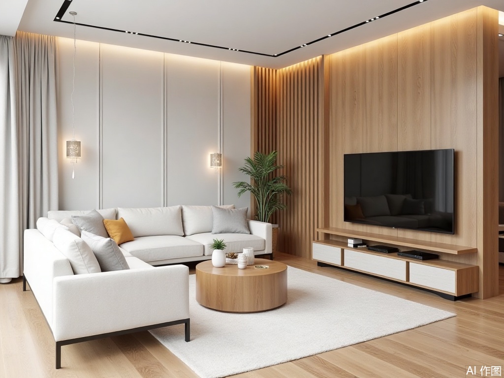 Natural Wood Style,ShiJin,A white sofa is placed in the living room, with the TV cabinet on the right side.