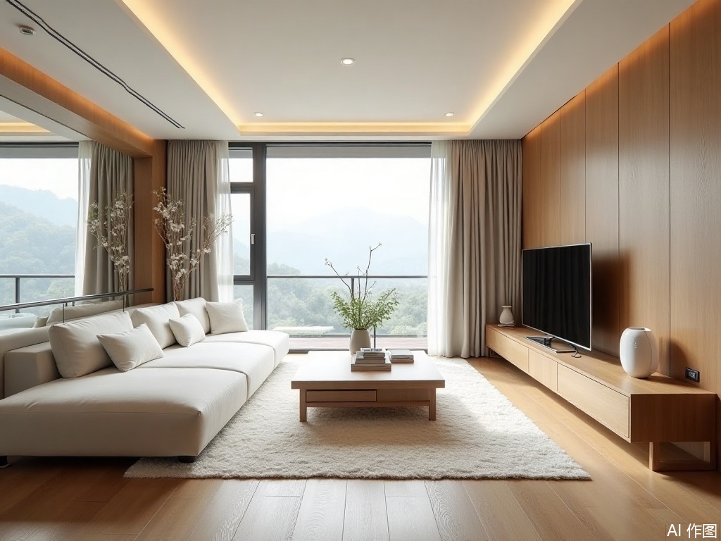 Natural Wood Style,ShiJin,A white sofa is placed in the living room, with a floor-to-ceiling window behind it, and a TV cabinet on the right side.