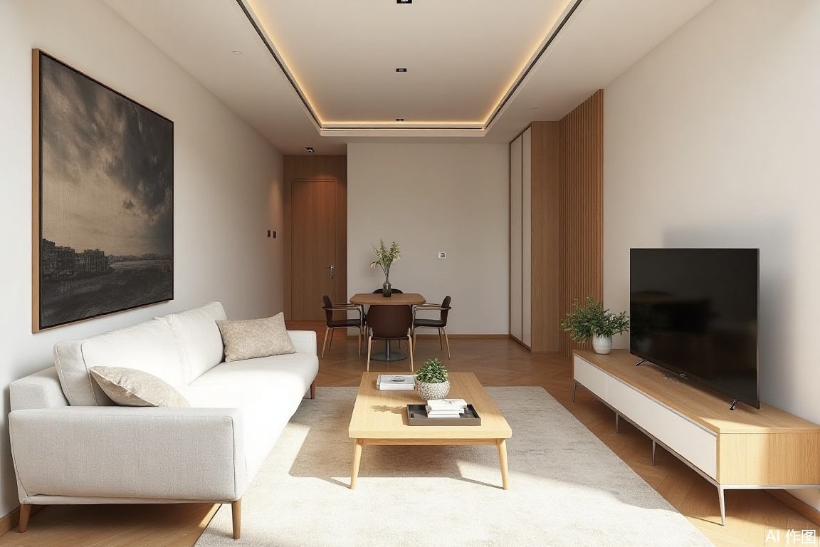 Natural Wood Style,ShiJin,A white sofa is placed in the living room, with the TV cabinet on the right side.