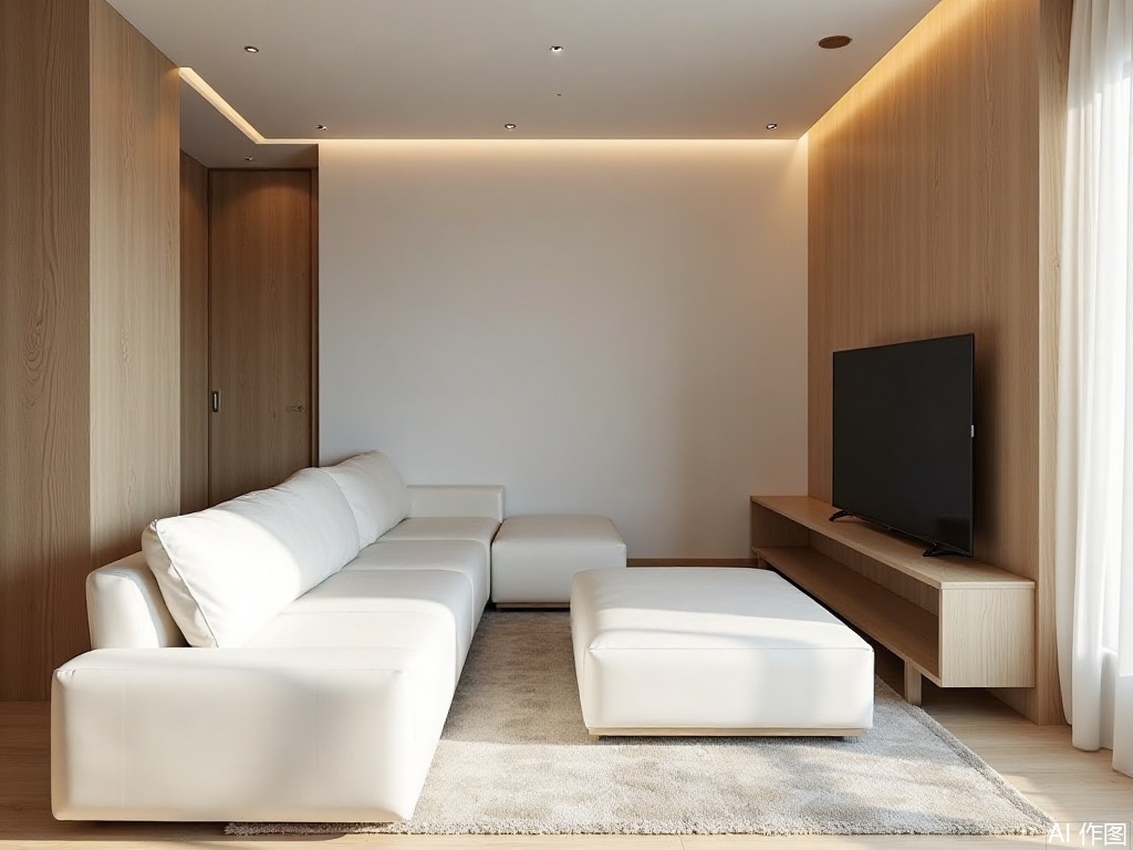Natural Wood Style,ShiJin,A white sofa is placed in the living room, with the TV cabinet on the right side.