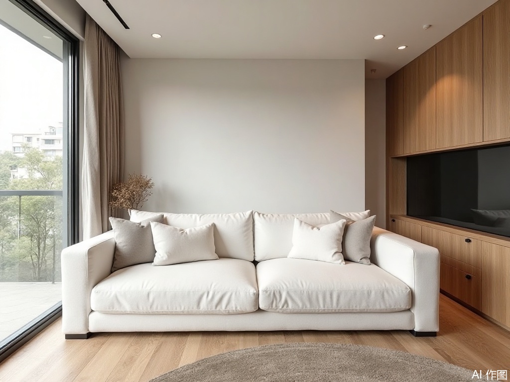 Natural Wood Style,ShiJin,A white sofa is placed in the living room, with a floor-to-ceiling window behind it, and a TV cabinet on the right side.