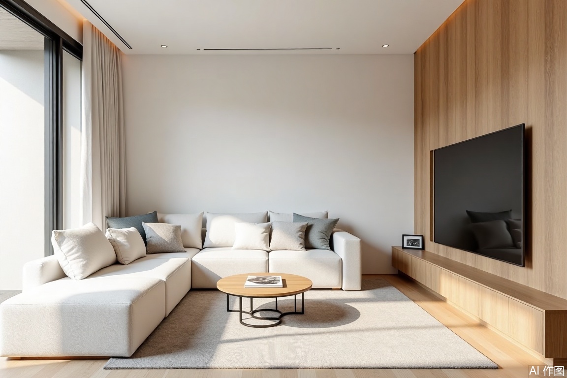 Natural Wood Style,ShiJin,A white sofa is placed in the living room, with the TV cabinet on the right side.