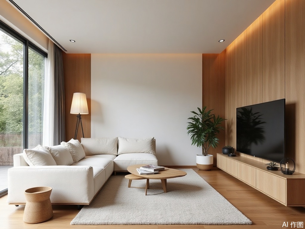 Natural Wood Style,ShiJin,A white sofa is placed in the living room, with the TV cabinet on the right side.