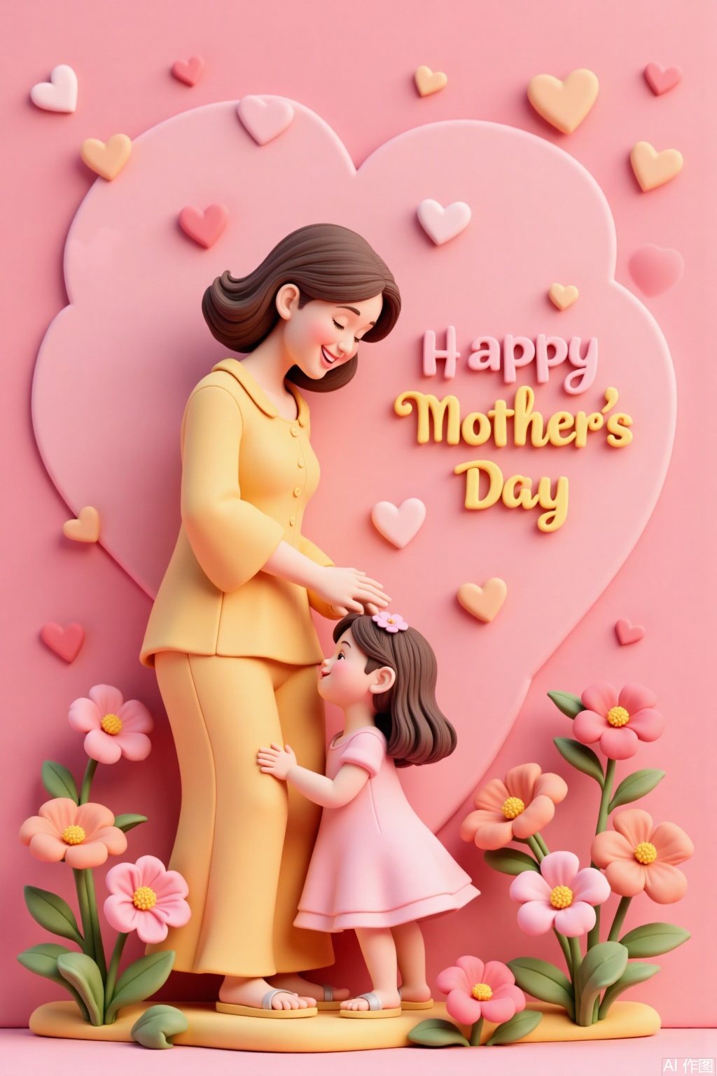 Ultra photoreal, Insane Details, 32K, 3D,Mother's Day,3D,this 3D clay-style Mother's Day poster features warm and bright colors. In the center of the image,a mother and child are affectionately embracing,meticulously crafted in clay with realistic details and overflowing love. Surrounding them are clay flowers,vivid and lifelike. In the upper right corner,"Mother's Day" is presented in artistic font,as if the letters were three-dimensional carvings,adding a festive atmosphere to the image and conveying deep maternal love.,..,3D,mother and daughter