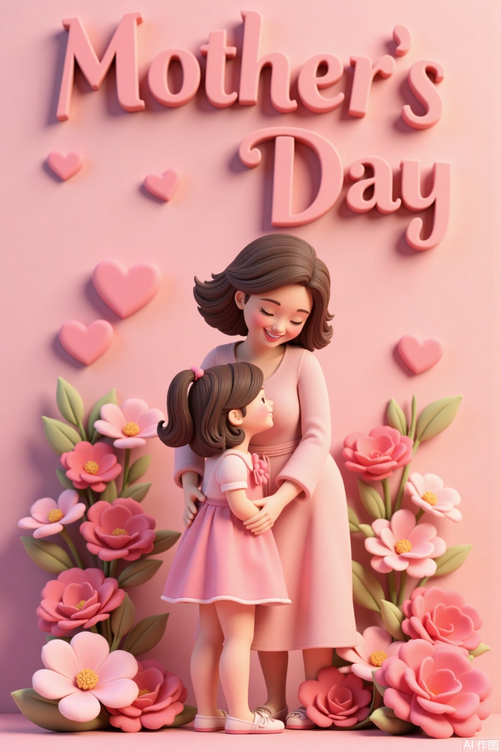 Ultra photoreal, Insane Details, 32K, 3D,Mother's Day,3D,this 3D clay-style Mother's Day poster features warm and bright colors. In the center of the image,a mother and child are affectionately embracing,meticulously crafted in clay with realistic details and overflowing love. Surrounding them are clay flowers,vivid and lifelike. In the upper right corner,"Mother's Day" is presented in artistic font,as if the letters were three-dimensional carvings,adding a festive atmosphere to the image and conveying deep maternal love.,..,3D,mother and daughter