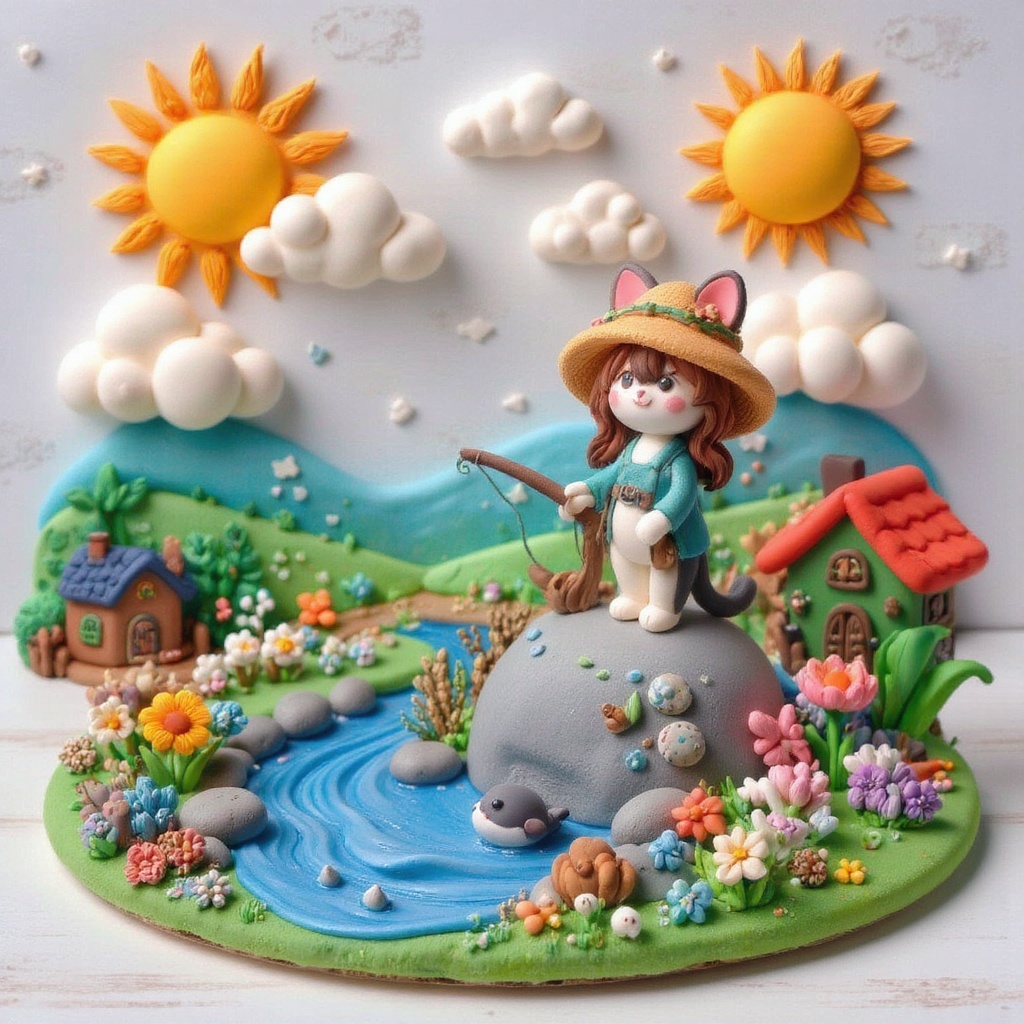Clay art,  a cat in a straw hat fishing,  a beautiful stream on Tensor.Art