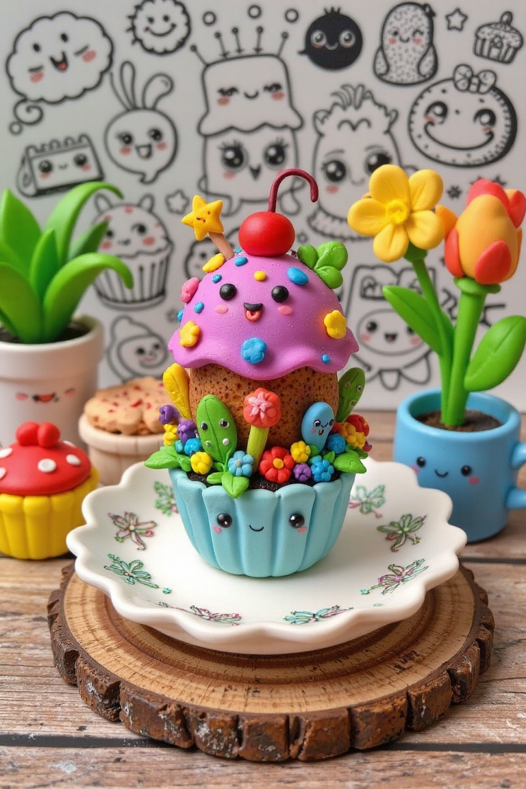 A whimsical clay art scene: A beranekaacam cupcake,  adorned with vibrant colors and intricate details,  sits atop a decor...