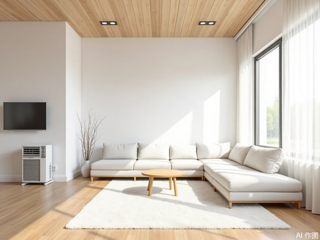 Natural Wood Style,In the living room, there is a white long sofa. In front of the sofa, there is a large white carpet with a small table placed on it. On the wall ahead is a mounted TV. To the left of the sofa, there is a floor-standing air conditioner, next to which is a large floor-to-ceiling window with white sheer curtains.