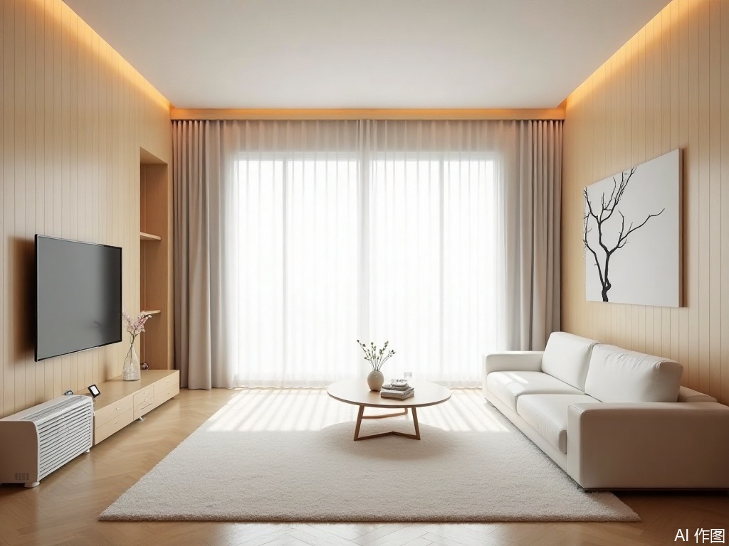 Natural Wood Style,In the living room, there is a white long sofa. In front of the sofa, there is a large white carpet with a small table placed on it. On the wall ahead is a mounted TV. To the left of the sofa, there is a floor-standing air conditioner, next to which is a large floor-to-ceiling window with white sheer curtains.