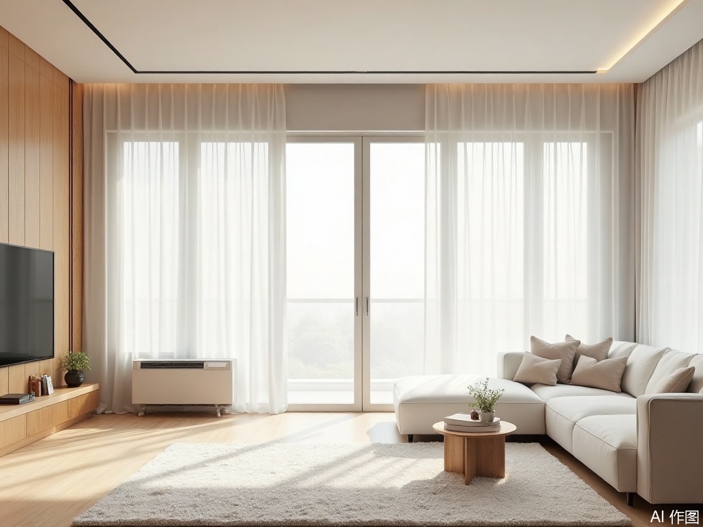 Natural Wood Style,In the living room, there is a white long sofa. In front of the sofa, there is a large white carpet with a small table placed on it. On the wall ahead is a mounted TV. To the left of the sofa, there is a floor-standing air conditioner, next to which is a large floor-to-ceiling window with white sheer curtains.