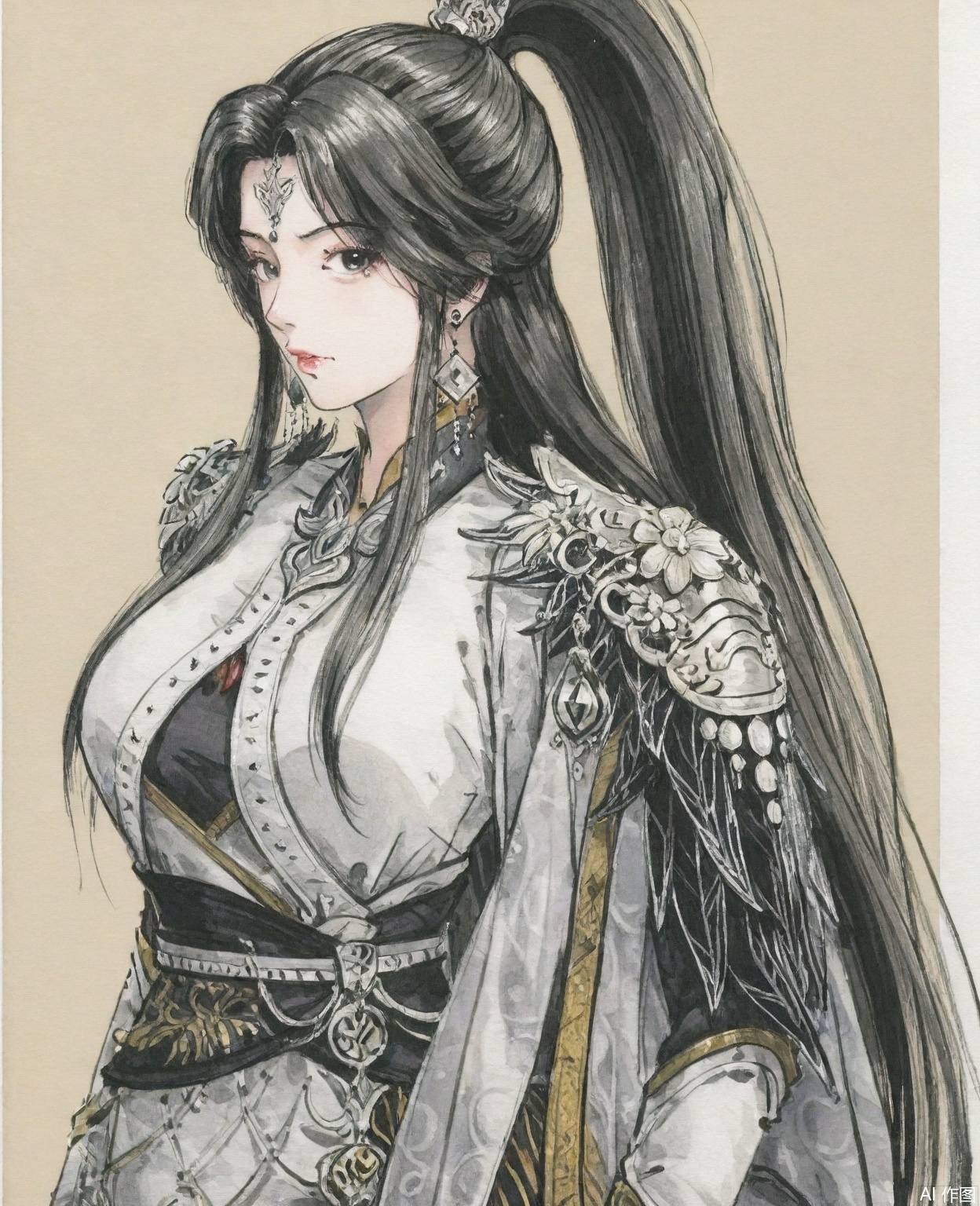 ((very awa)),solo,highly detailed,(best quality),((masterpiece)),1girl,chi,,ge,,traditional media,painting \(medium\),watercolor \(medium\),looking_at_viewer,mature_female,large breasts,simple background,,zhouzihong,black hair,hair ornament,jewelry,earrings,ponytail,