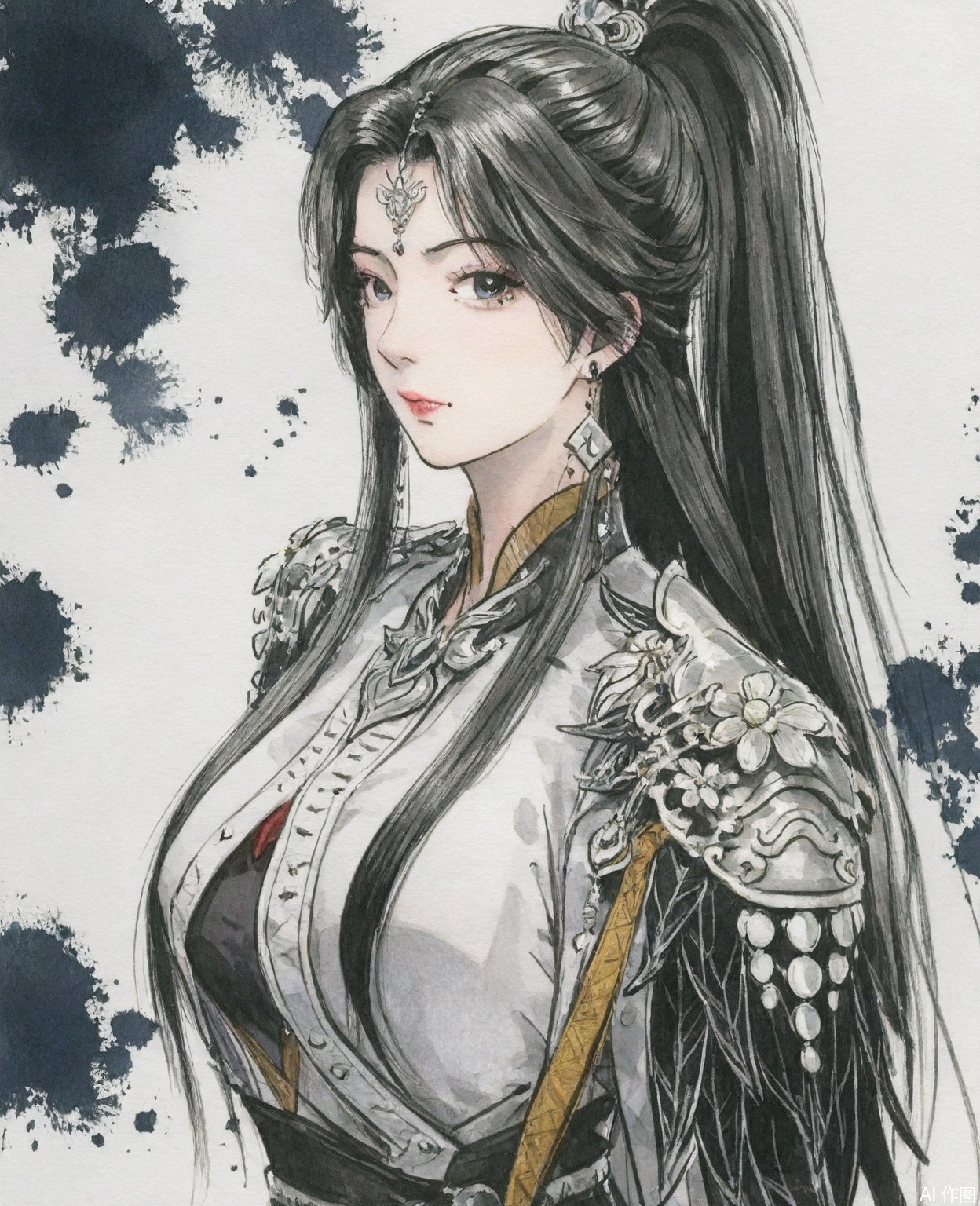 ((very awa)),solo,highly detailed,(best quality),((masterpiece)),1girl,chi,,ge,,traditional media,painting \(medium\),watercolor \(medium\),looking_at_viewer,mature_female,large breasts,simple background,,zhouzihong,black hair,hair ornament,jewelry,earrings,ponytail,