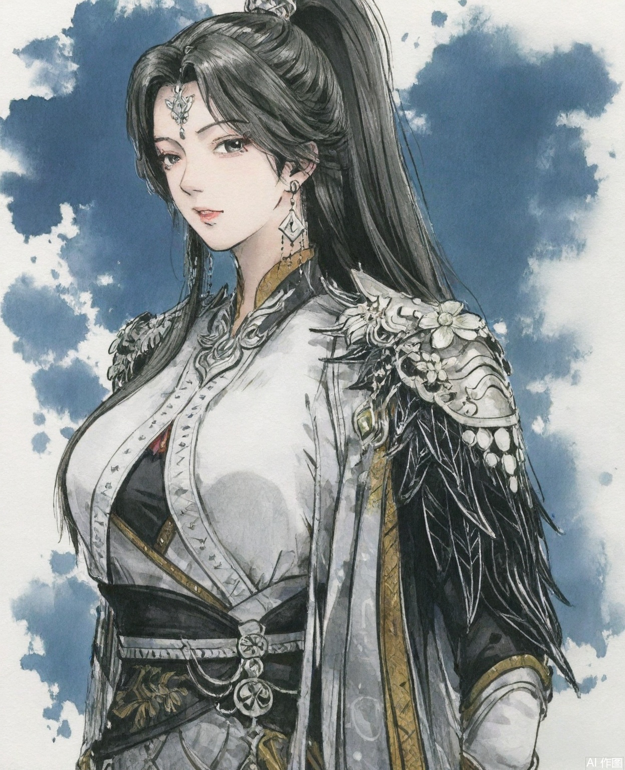 ((very awa)),solo,highly detailed,(best quality),((masterpiece)),1girl,chi,,ge,,traditional media,painting \(medium\),watercolor \(medium\),looking_at_viewer,mature_female,large breasts,simple background,,zhouzihong,black hair,hair ornament,jewelry,earrings,ponytail,