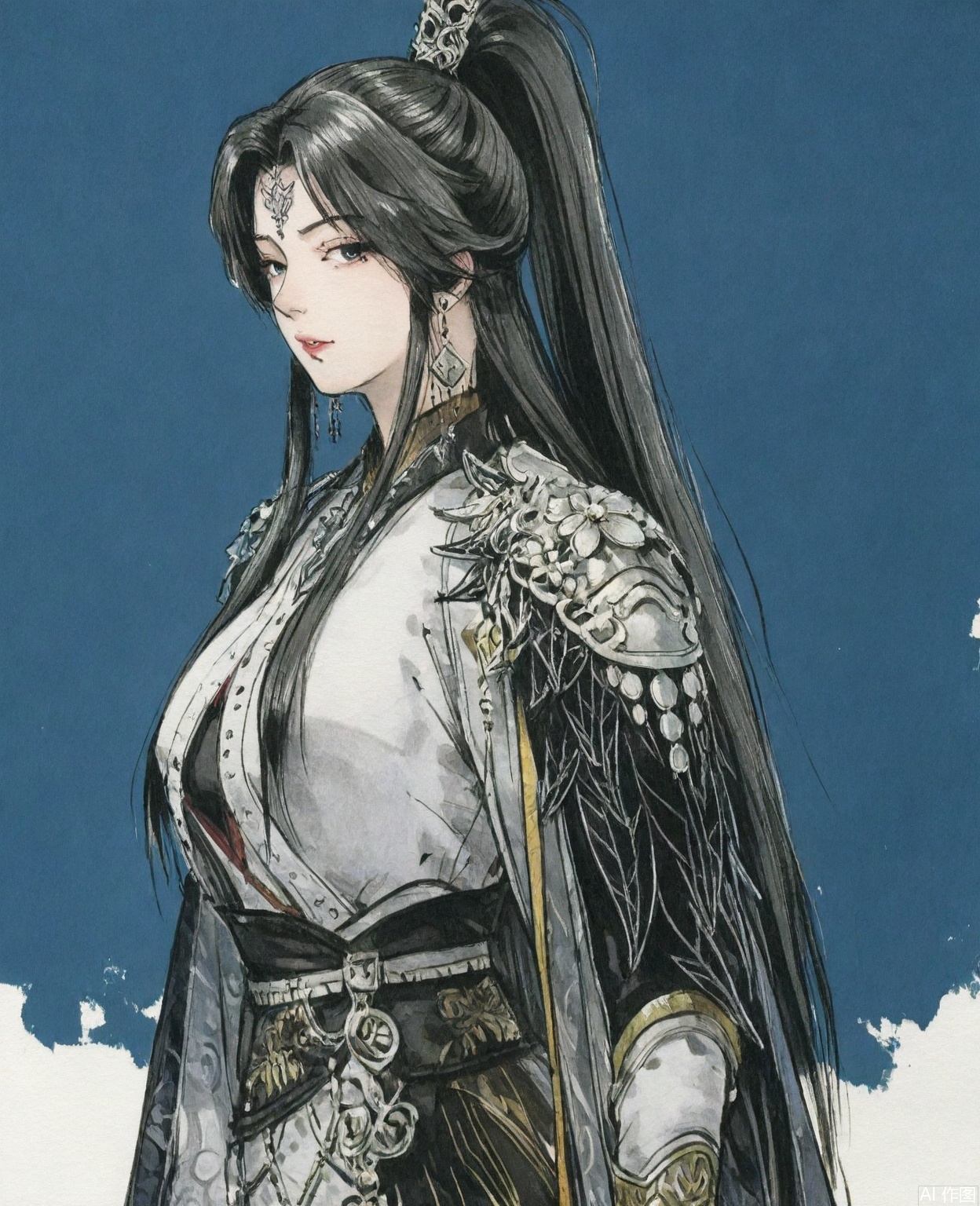 ((very awa)),solo,highly detailed,(best quality),((masterpiece)),1girl,chi,,ge,,traditional media,painting \(medium\),watercolor \(medium\),looking_at_viewer,mature_female,large breasts,simple background,,zhouzihong,black hair,hair ornament,jewelry,earrings,ponytail,