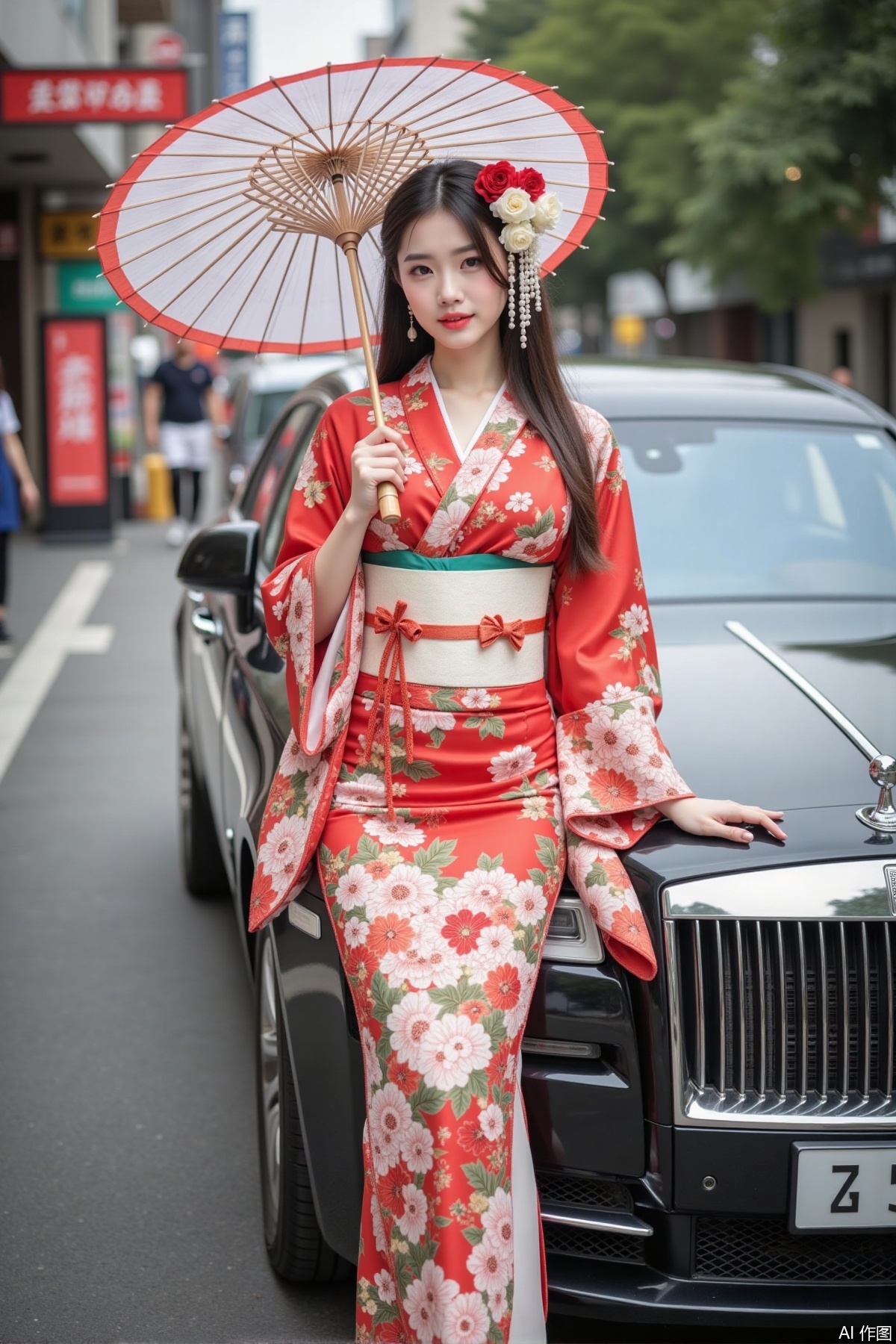 Realistic photo of a young woman with long hair, peony headdress, fair skin, big breasts, Japanese printed kimono, long legs, upper body, holding paper umbrella, luxury car, street,