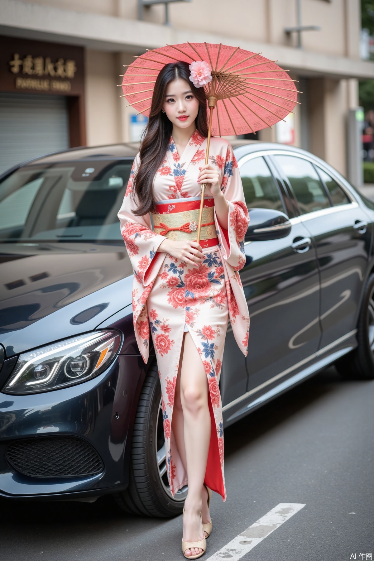 Realistic photo of a young woman with long hair, peony headdress, fair skin, big breasts, Japanese printed kimono, long legs, upper body, holding paper umbrella, luxury car, street,