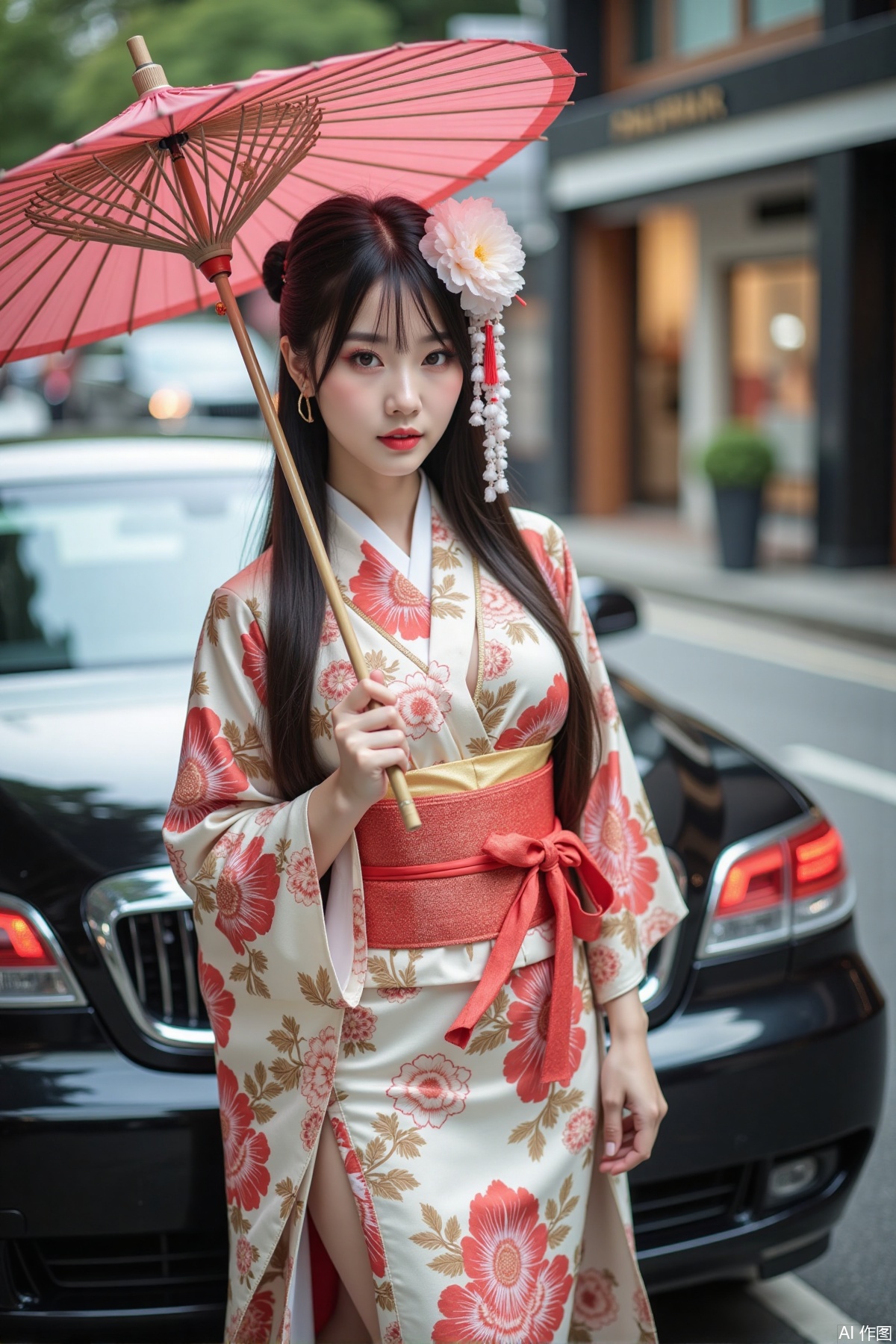 Realistic photo of a young woman with long hair, peony headdress, fair skin, big breasts, Japanese printed kimono, long legs, upper body, holding paper umbrella, luxury car, street,