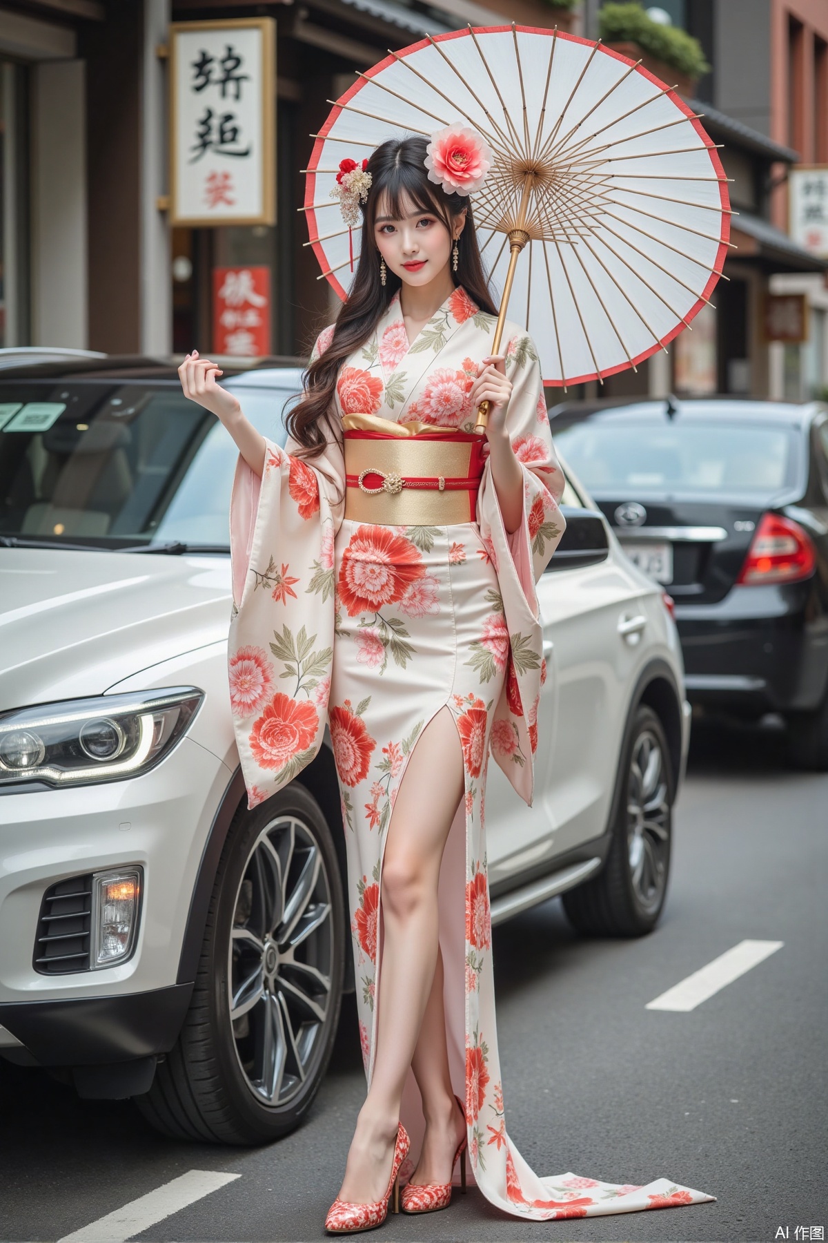 Realistic photo of a young woman with long hair, peony headdress, fair skin, big breasts, Japanese printed kimono, long legs, upper body, holding paper umbrella, luxury car, street,