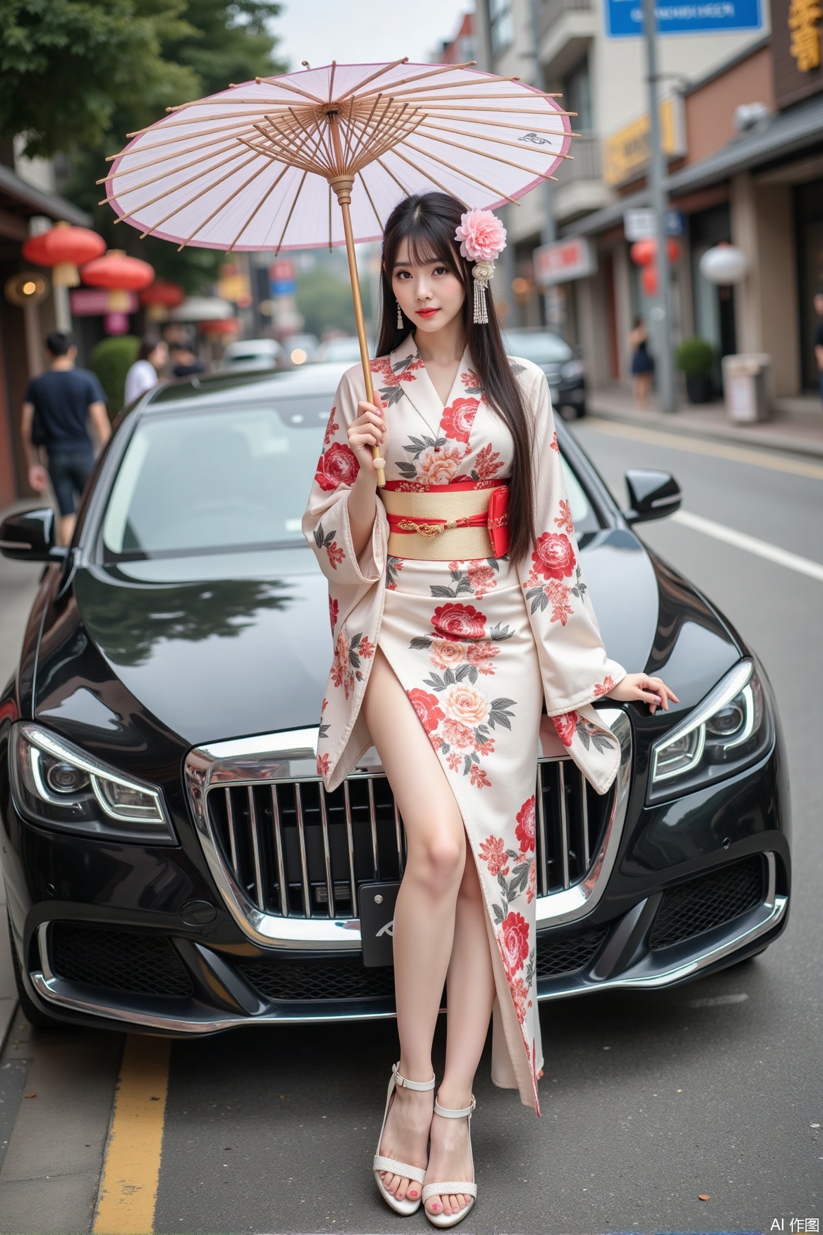 Realistic photo of a young woman with long hair, peony headdress, fair skin, big breasts, Japanese printed kimono, long legs, upper body, holding paper umbrella, luxury car, street,