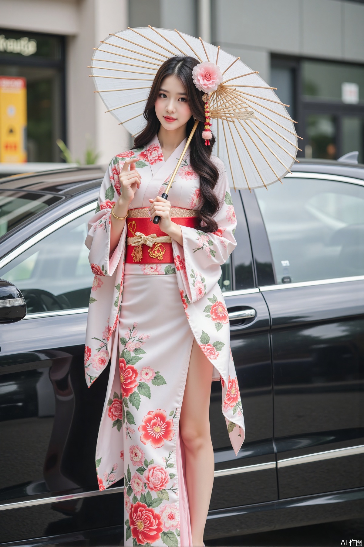 Realistic photo of a young woman with long hair, peony headdress, fair skin, big breasts, Japanese printed kimono, long legs, upper body, holding paper umbrella, luxury car, street,