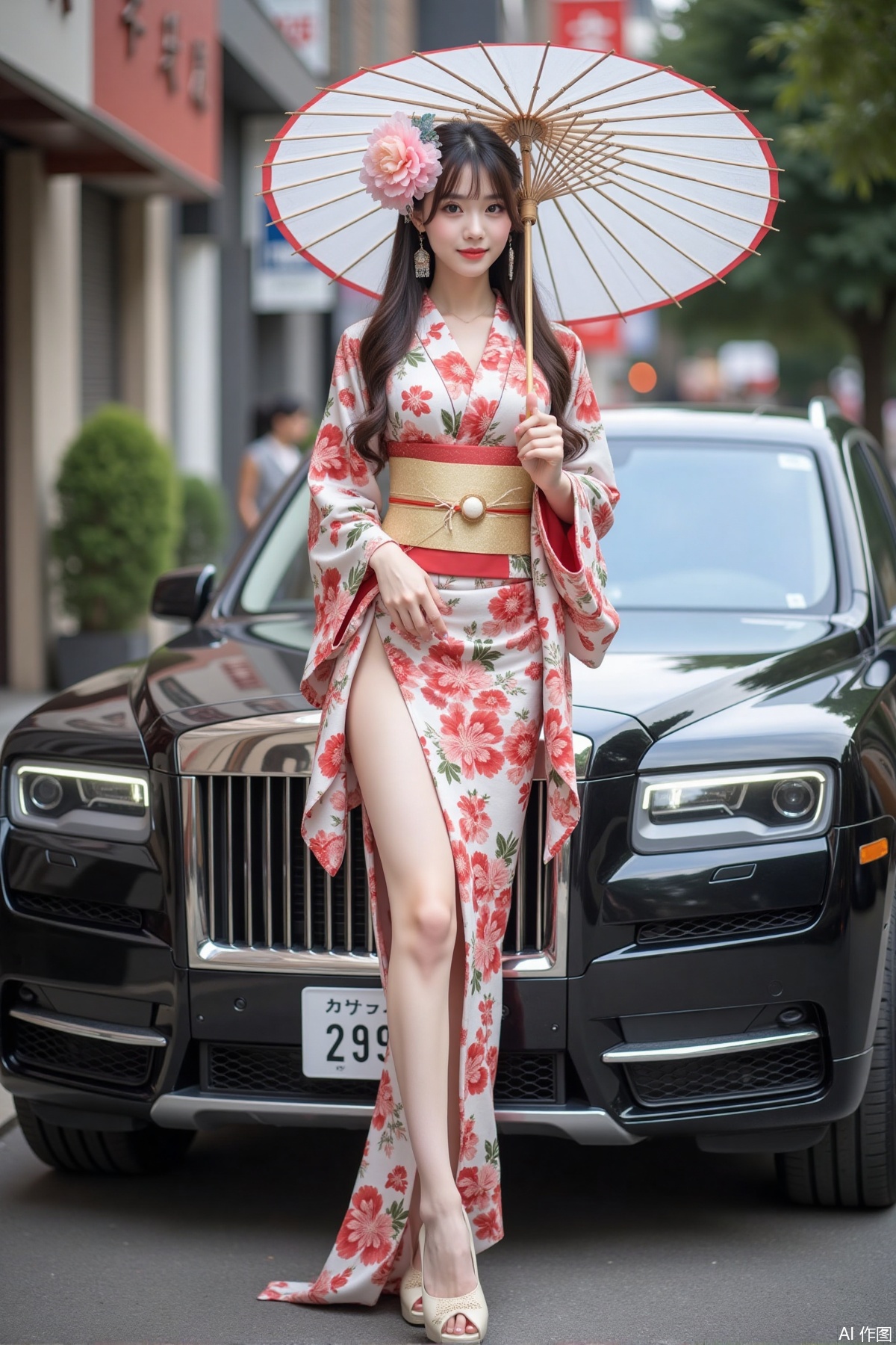 Realistic photo of a young woman with long hair, peony headdress, fair skin, big breasts, Japanese printed kimono, long legs, upper body, holding paper umbrella, luxury car, street,