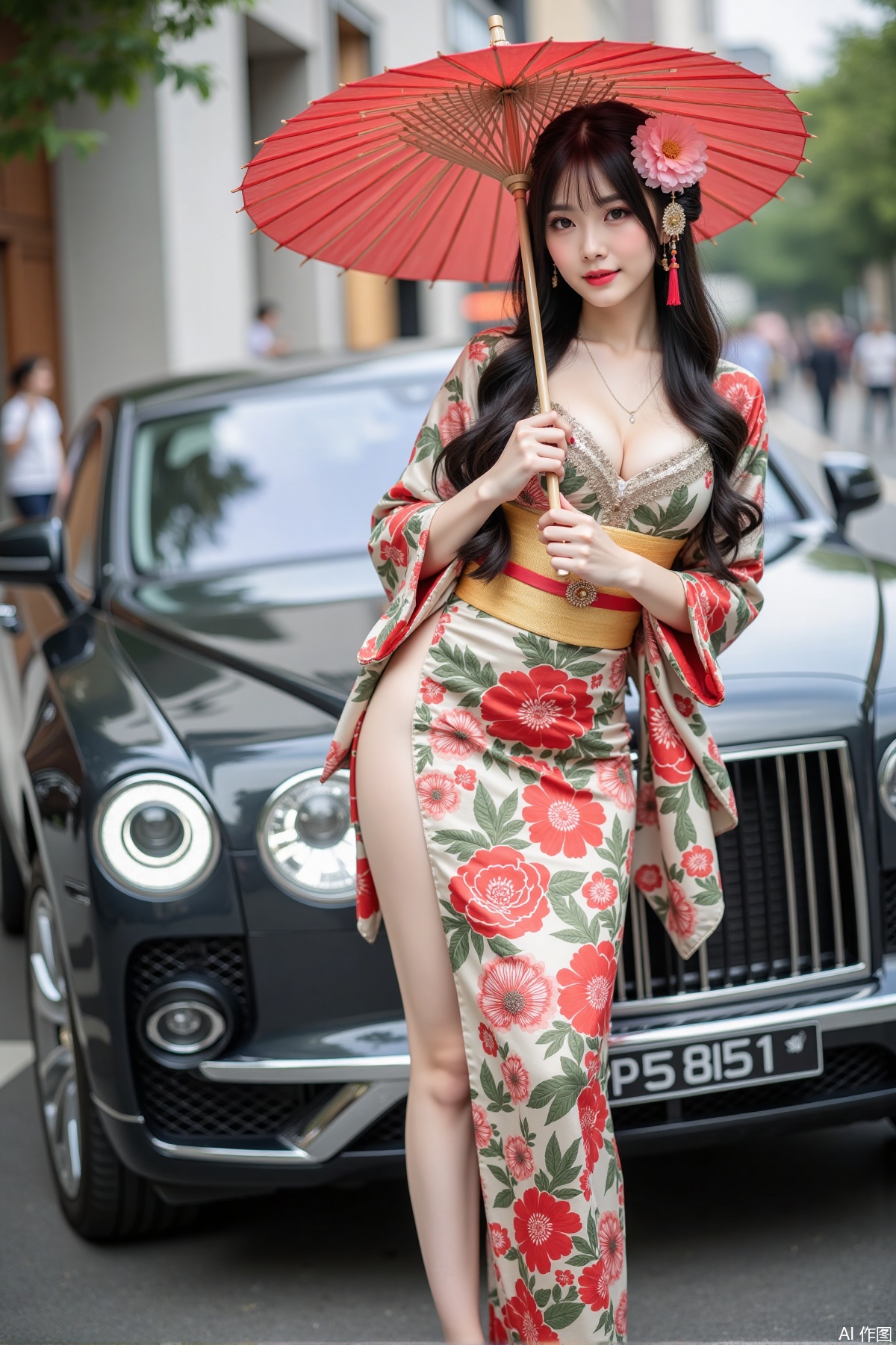 Realistic photo of a young woman with long hair, peony headdress, fair skin, big breasts, Japanese printed kimono, long legs, upper body, holding paper umbrella, luxury car, street,