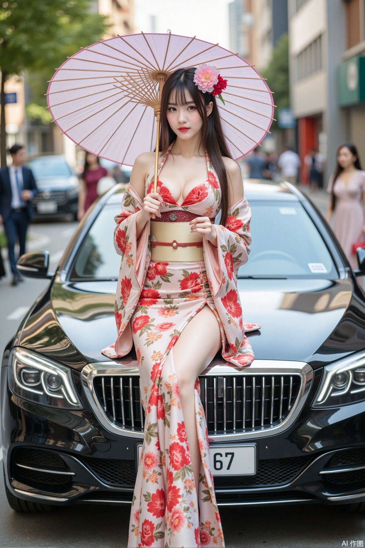 Realistic photo of a young woman with long hair, peony headdress, fair skin, big breasts, Japanese printed kimono, long legs, upper body, holding paper umbrella, luxury car, street,