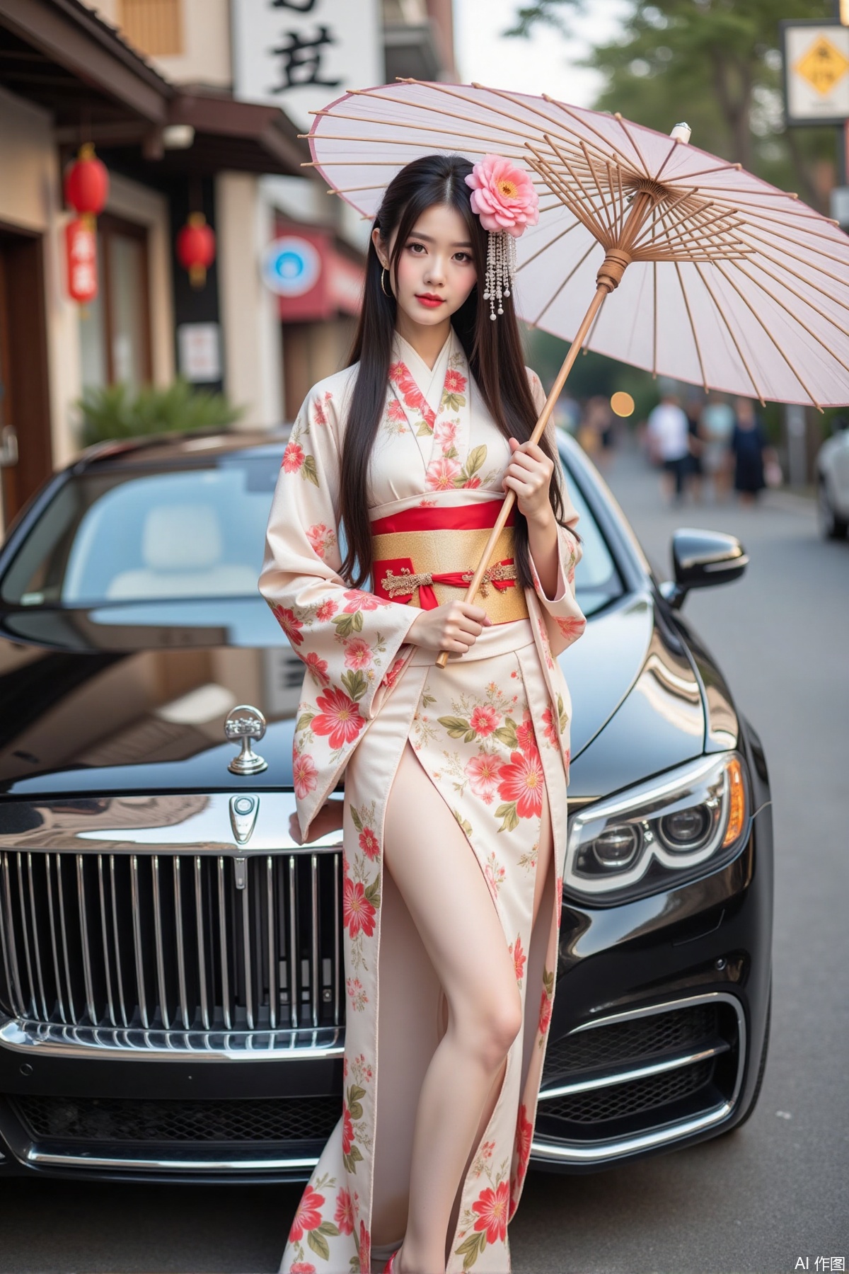Realistic photo of a young woman with long hair, peony headdress, fair skin, big breasts, Japanese printed kimono, long legs, upper body, holding paper umbrella, luxury car, street,