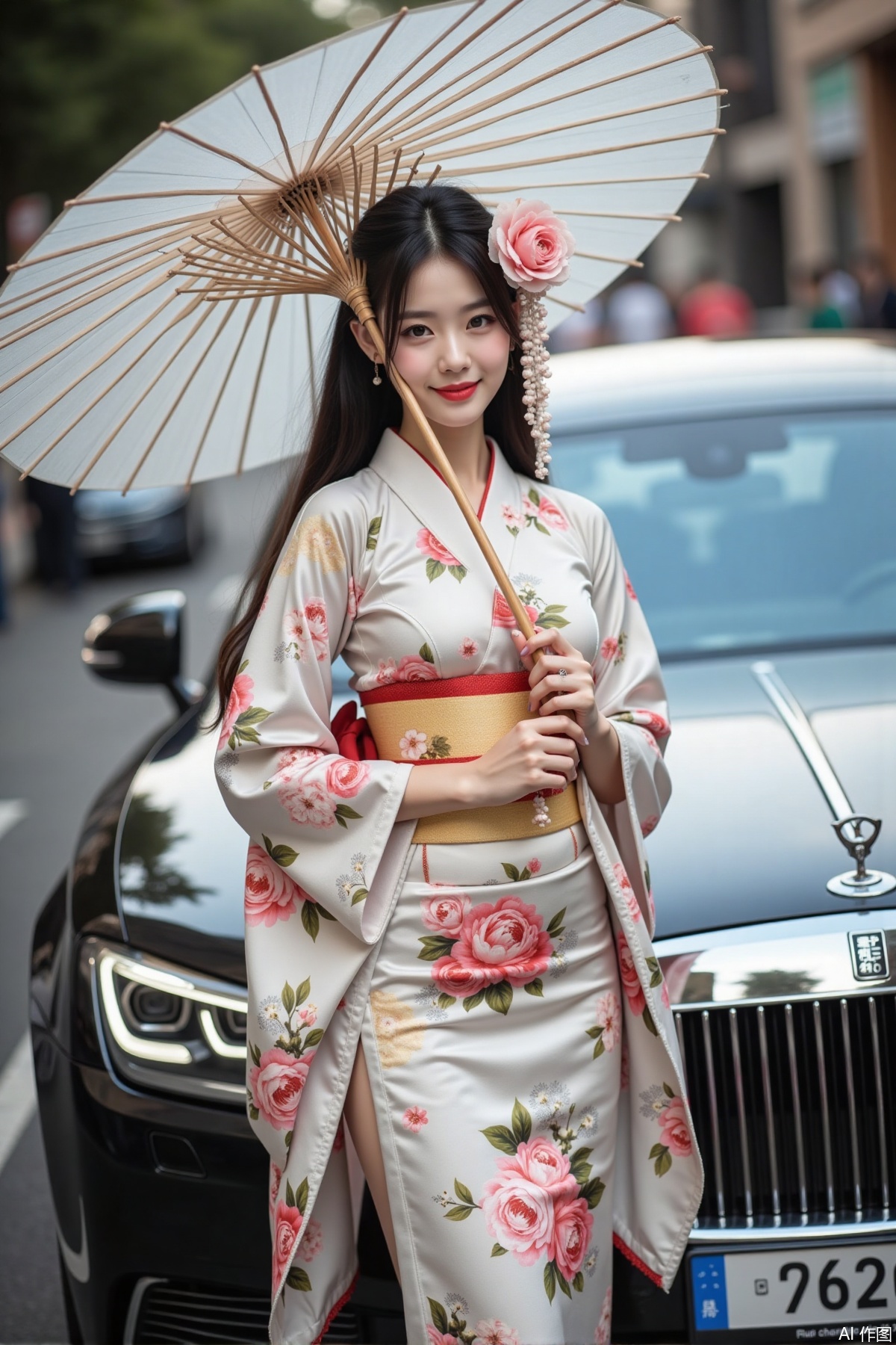 Realistic photo of a young woman with long hair, peony headdress, fair skin, big breasts, Japanese printed kimono, long legs, upper body, holding paper umbrella, luxury car, street,