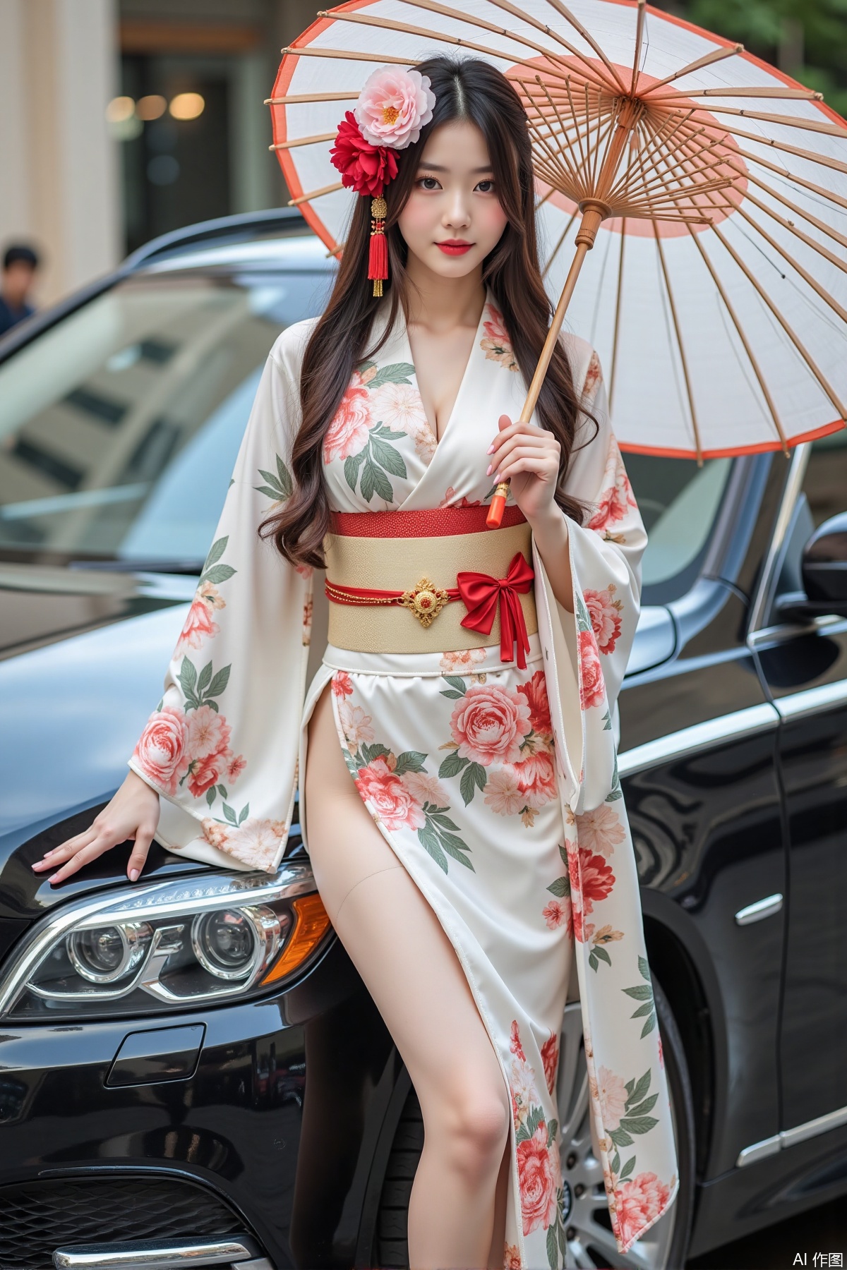Realistic photo of a young woman with long hair, peony headdress, fair skin, big breasts, Japanese printed kimono, long legs, upper body, holding paper umbrella, luxury car, street,