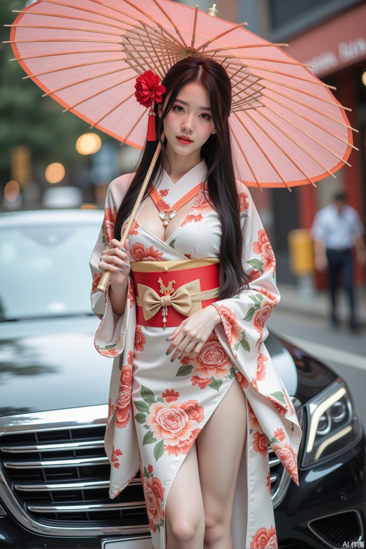 Realistic photo of a young woman with long hair, peony headdress, fair skin, big breasts, Japanese printed kimono, long legs, upper body, holding paper umbrella, luxury car, street,
