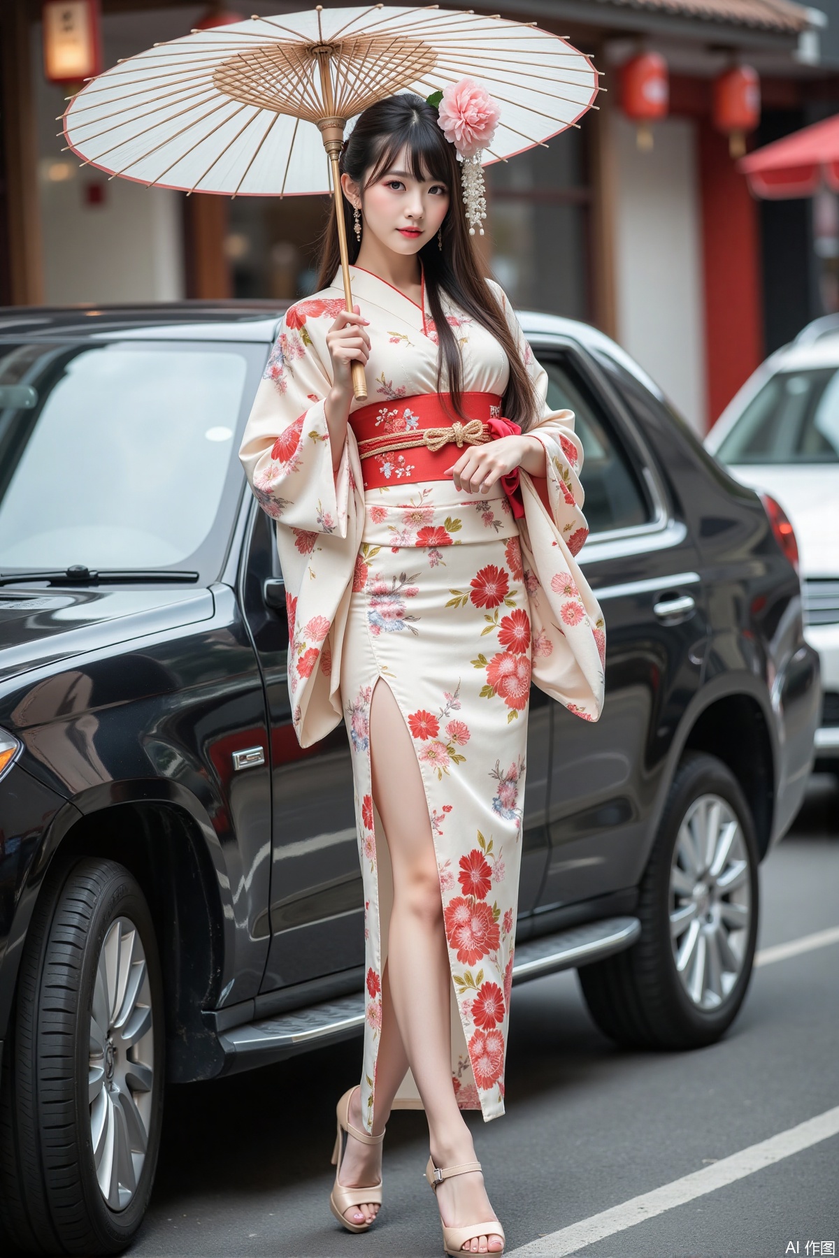 Realistic photo of a young woman with long hair, peony headdress, fair skin, big breasts, Japanese printed kimono, long legs, upper body, holding paper umbrella, luxury car, street,