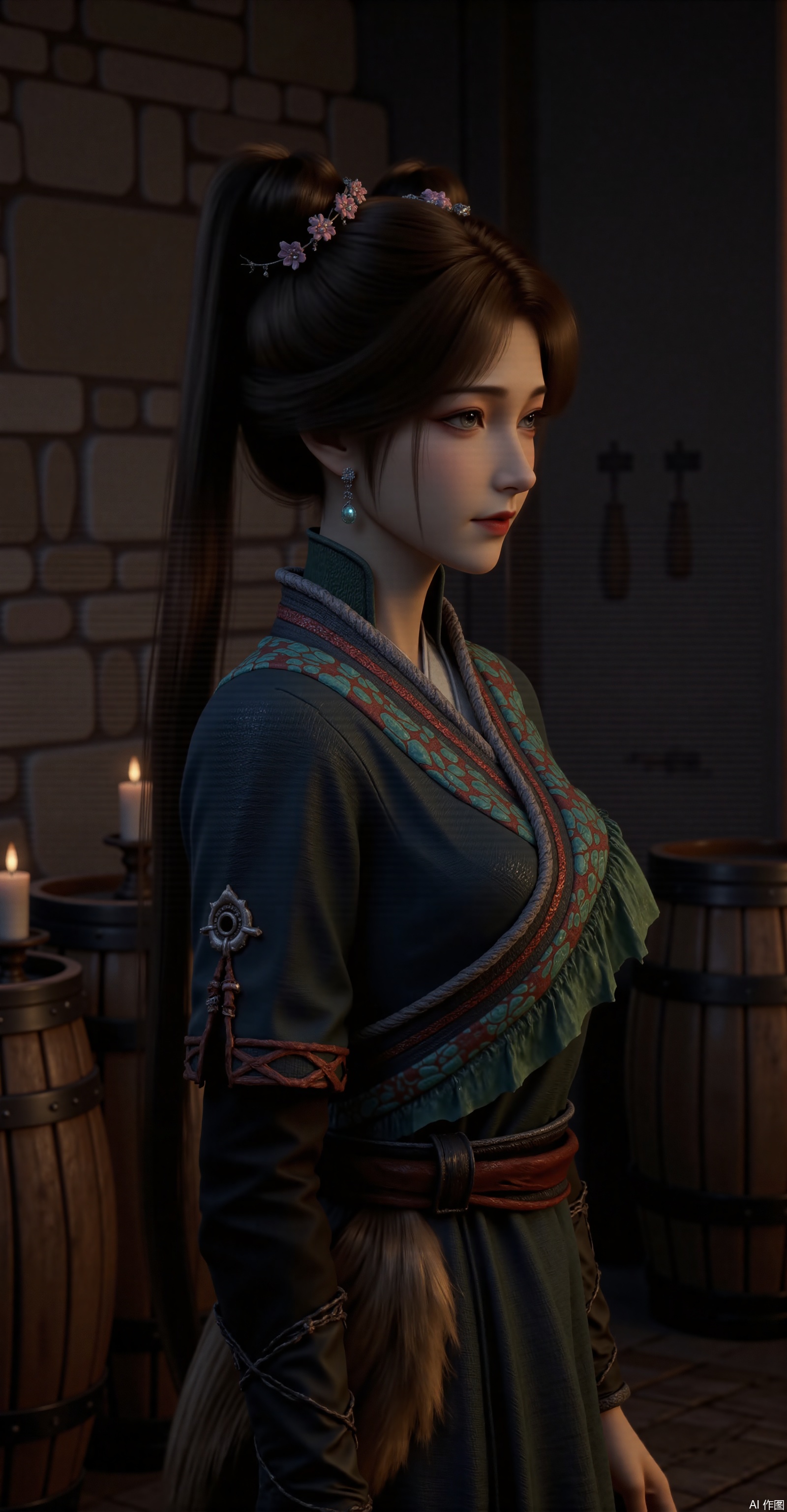 "Upper-body side portrait, a graceful ancient Chinese woman with high updo hairstyle adorned by pink floral hairpins and pearl danglers, delicate willow-leaf eyebrows and phoenix eyes. Wearing a dark green hanfu with gold and red embroidered patterns on the collar and shoulders, paired with a russet waist sash and hanging fur accessory. Sleeves feature colorful embroidery, overall luxurious yet elegant attire. Dimly lit stone wall and wooden barrels in background, soft candlelight glow, muted color palette with strong classical ambiance, gentle lighting enhancing her serene expression."