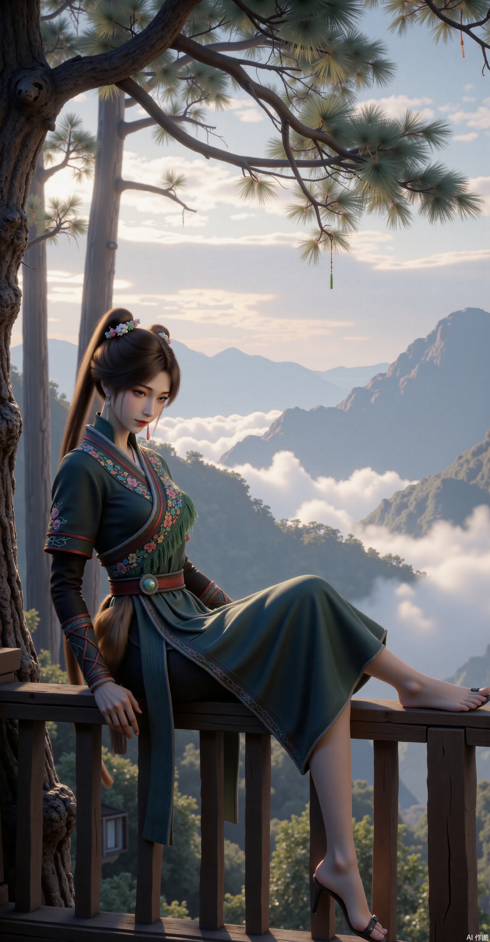 A gentle ancient-style woman with a high coiffure, wearing a pink floral hairpin and pearl tassels, has a delicate face with willow-leaf eyebrows and phoenix eyes. She is dressed in a dark green hanfu, with golden and red traditional patterns embroidered on the collar and shoulders, paired with a reddish-brown wide belt. The waist is decorated with fur ornaments and jade pendants, while the cuffs feature colorful embroidery—her entire attire is both resplendent and elegant.
 
She reclines lazily and gracefully against a wooden railing, hands resting lightly on the rail, an ethereal aura lingering faintly around her. Her fair, slender legs are subtly revealed. The background is a dreamlike ancient fairyland: distant mountains shimmer hazily beneath a shroud of clouds and mist, as if she dwells in the蓬莱幻境(fabled Penglai Wonderland). Beside her stand tall, straight ancient trees with luxuriant branches and leaves, adding a touch of tranquility and mystery to this celestial realm. Sunlight filters through gaps in the clouds, casting dappled light and shadow that infuse the entire scene with灵动(liveliness) and an otherworldly atmosphere.