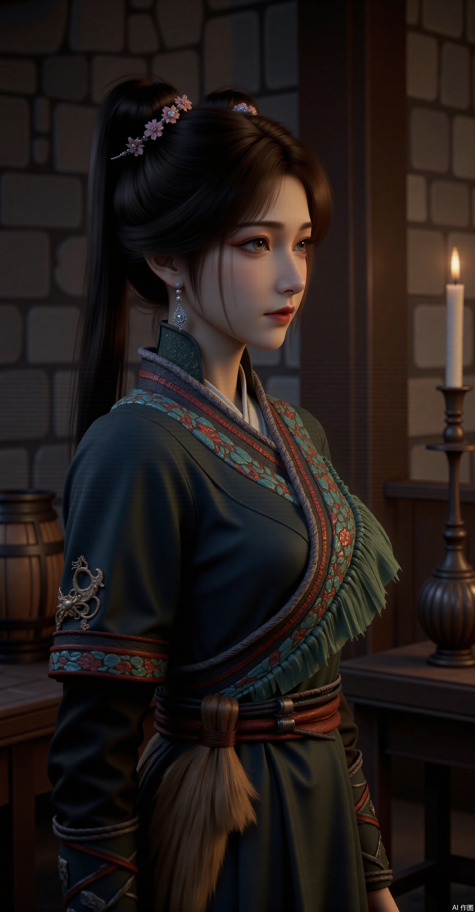 "Upper-body side portrait, a graceful ancient Chinese woman with high updo hairstyle adorned by pink floral hairpins and pearl danglers, delicate willow-leaf eyebrows and phoenix eyes. Wearing a dark green hanfu with gold and red embroidered patterns on the collar and shoulders, paired with a russet waist sash and hanging fur accessory. Sleeves feature colorful embroidery, overall luxurious yet elegant attire. Dimly lit stone wall and wooden barrels in background, soft candlelight glow, muted color palette with strong classical ambiance, gentle lighting enhancing her serene expression."