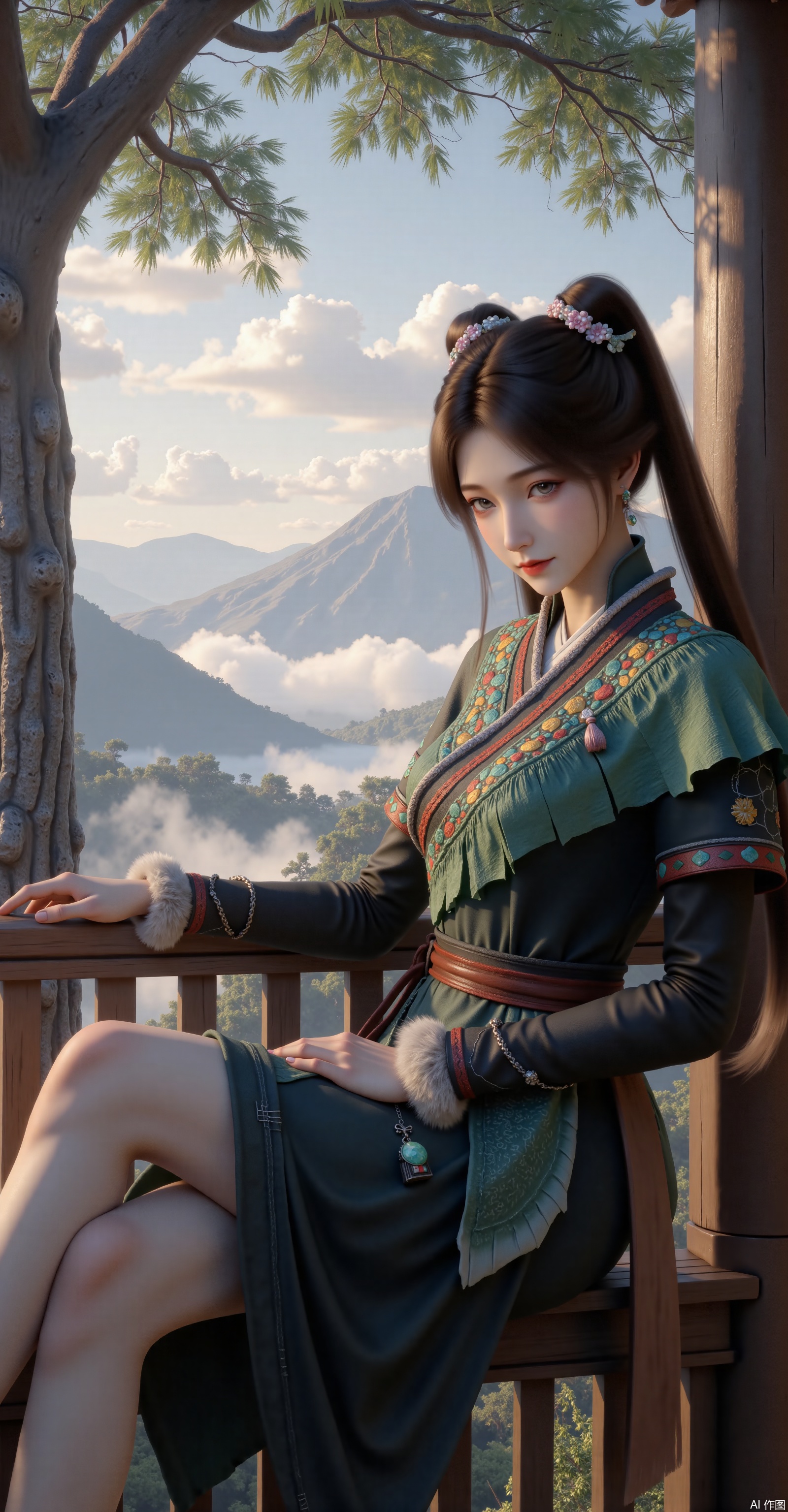 A gentle ancient-style woman with a high coiffure, wearing a pink floral hairpin and pearl tassels, has a delicate face with willow-leaf eyebrows and phoenix eyes. She is dressed in a dark green hanfu, with golden and red traditional patterns embroidered on the collar and shoulders, paired with a reddish-brown wide belt. The waist is decorated with fur ornaments and jade pendants, while the cuffs feature colorful embroidery—her entire attire is both resplendent and elegant.
 
She reclines lazily and gracefully against a wooden railing, hands resting lightly on the rail, an ethereal aura lingering faintly around her. Her fair, slender legs are subtly revealed. The background is a dreamlike ancient fairyland: distant mountains shimmer hazily beneath a shroud of clouds and mist, as if she dwells in the蓬莱幻境(fabled Penglai Wonderland). Beside her stand tall, straight ancient trees with luxuriant branches and leaves, adding a touch of tranquility and mystery to this celestial realm. Sunlight filters through gaps in the clouds, casting dappled light and shadow that infuse the entire scene with灵动(liveliness) and an otherworldly atmosphere.