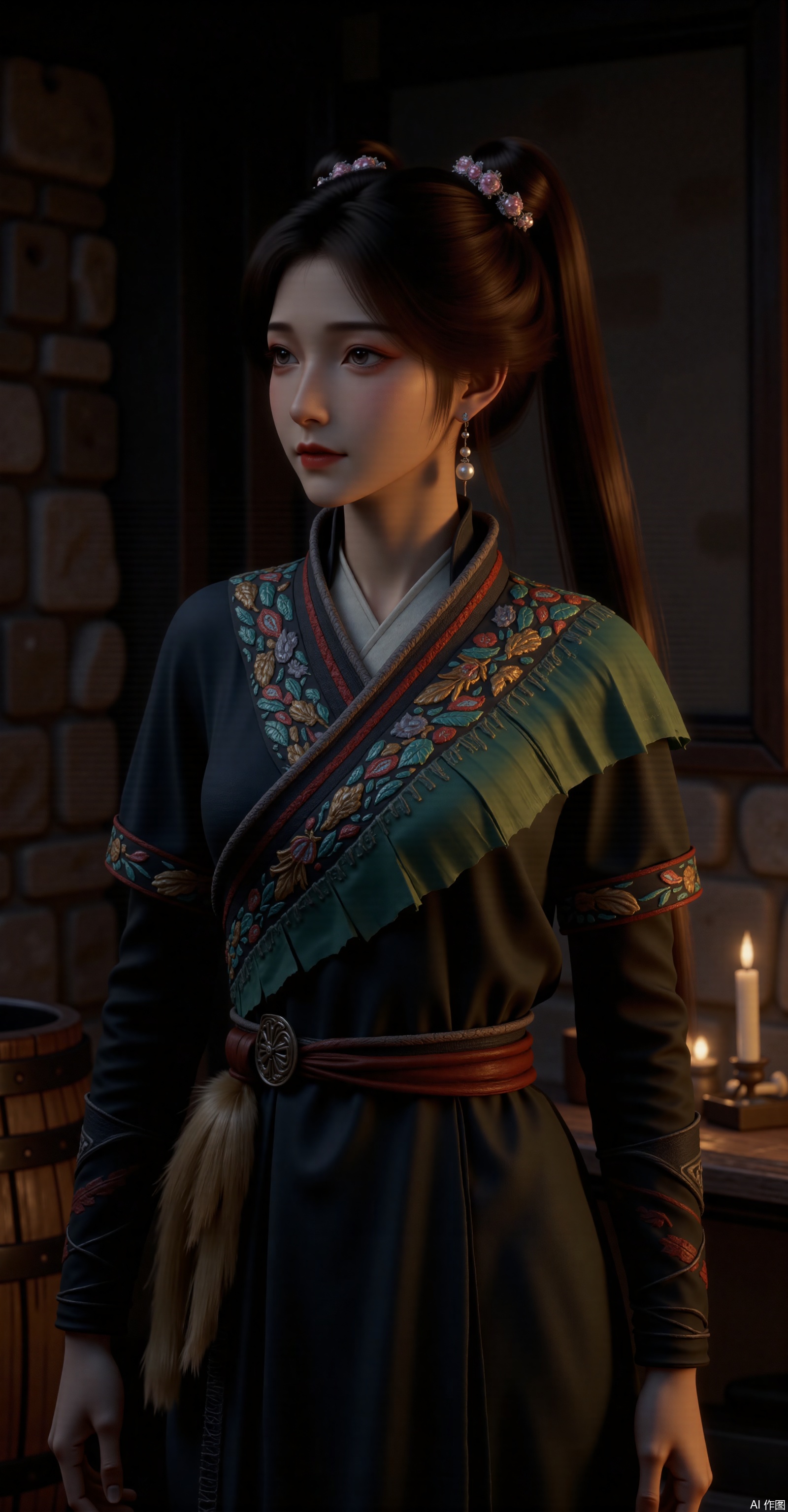"Upper-body side portrait, a graceful ancient Chinese woman with high updo hairstyle adorned by pink floral hairpins and pearl danglers, delicate willow-leaf eyebrows and phoenix eyes. Wearing a dark green hanfu with gold and red embroidered patterns on the collar and shoulders, paired with a russet waist sash and hanging fur accessory. Sleeves feature colorful embroidery, overall luxurious yet elegant attire. Dimly lit stone wall and wooden barrels in background, soft candlelight glow, muted color palette with strong classical ambiance, gentle lighting enhancing her serene expression."
