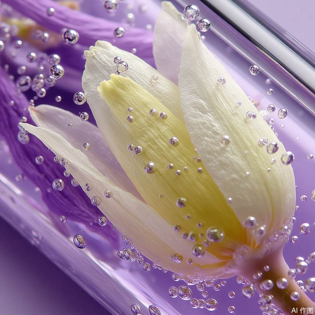 close-up flower, submerged in water, delicate petals, translucent appearance, white to light yellow, smooth edges, slightly curved, soft appearance, small bubbles, vibrant purple background, clear water, detailed view, no products, no people,key-998-key