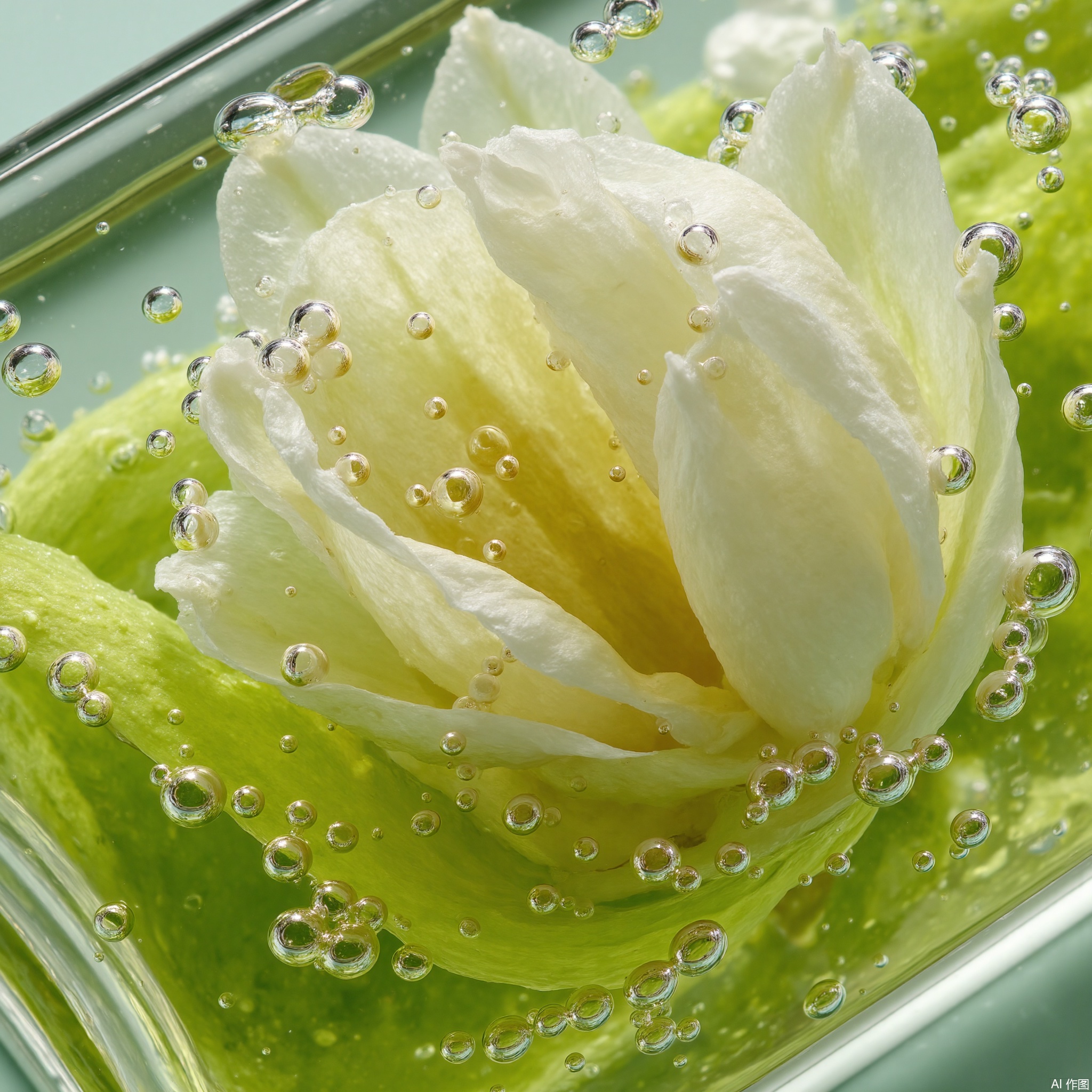 Close-up of the flower, submerged in water, with tender petals, semi-transparent surface, white to light yellow, smooth edges, slightly curved, soft surface, small bubbles, bright green base color, clear water, upon closer inspection, no product, no one,key-998-key