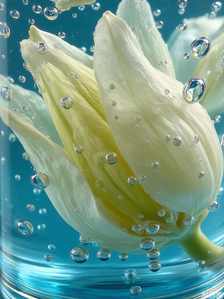 Close-up of the flower, submerged in water, with tender petals, semi-transparent surface, white to light yellow, smooth edges, slightly curved, soft surface, small bubbles, bright blue base color, clear water, upon closer inspection, no product, no one,key-998-key