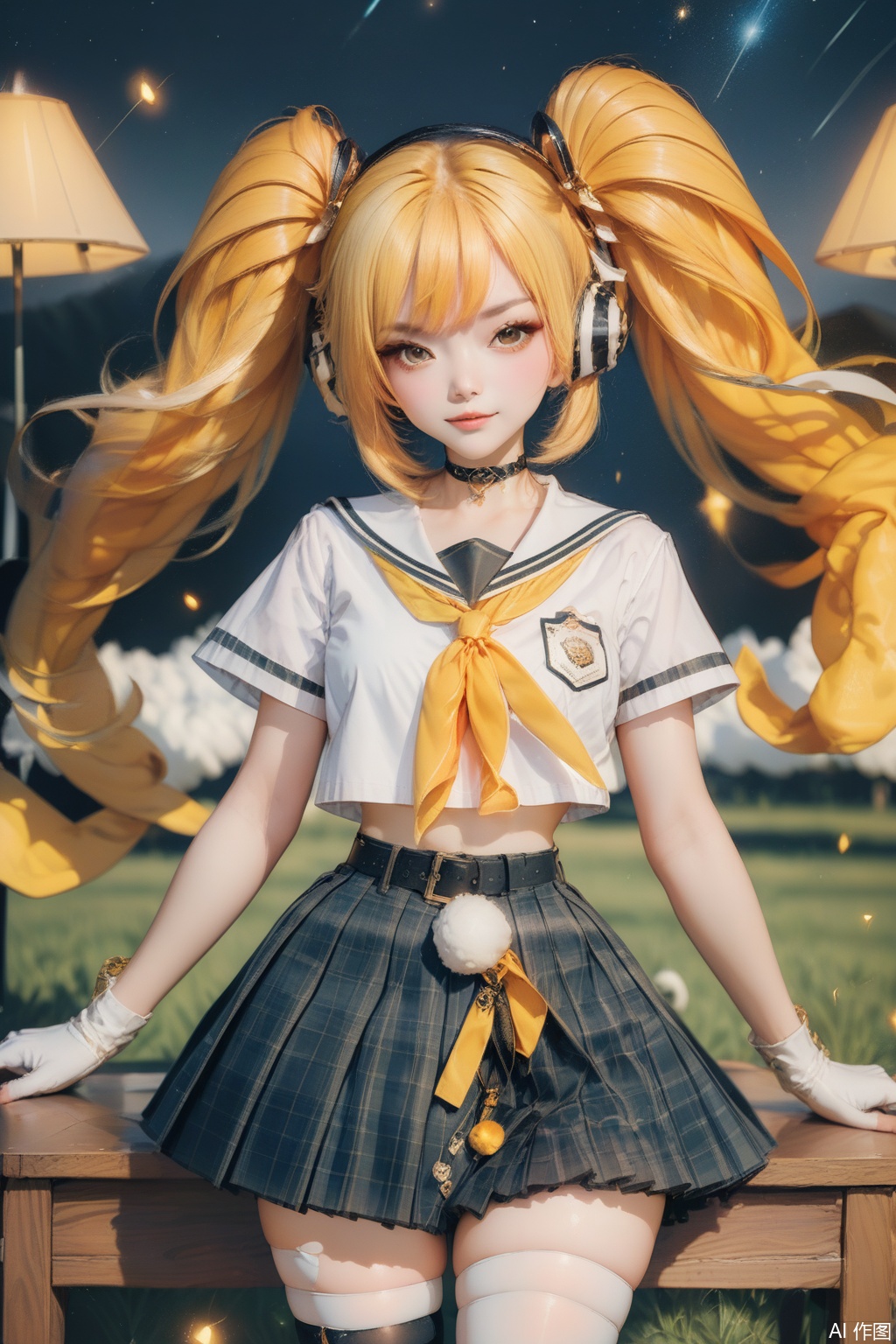 score_9,score_8_up,score_7_up,,1girl, solo, long hair, looking at viewer, bangs, skirt, blonde hair, shirt, thighhighs, gloves, ribbon, twintails, brown eyes, school uniform, white shirt, short sleeves, pleated skirt,Thigh exposed,thighhighs,looking at viewer,in a meadow,in a meadow,