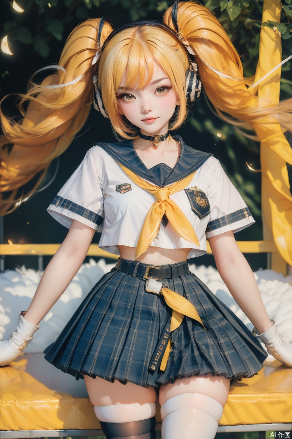 score_9,score_8_up,score_7_up,,1girl, solo, long hair, looking at viewer, bangs, skirt, blonde hair, shirt, thighhighs, gloves, ribbon, twintails, brown eyes, school uniform, white shirt, short sleeves, pleated skirt,Thigh exposed,thighhighs,looking at viewer,in a meadow,in a meadow,