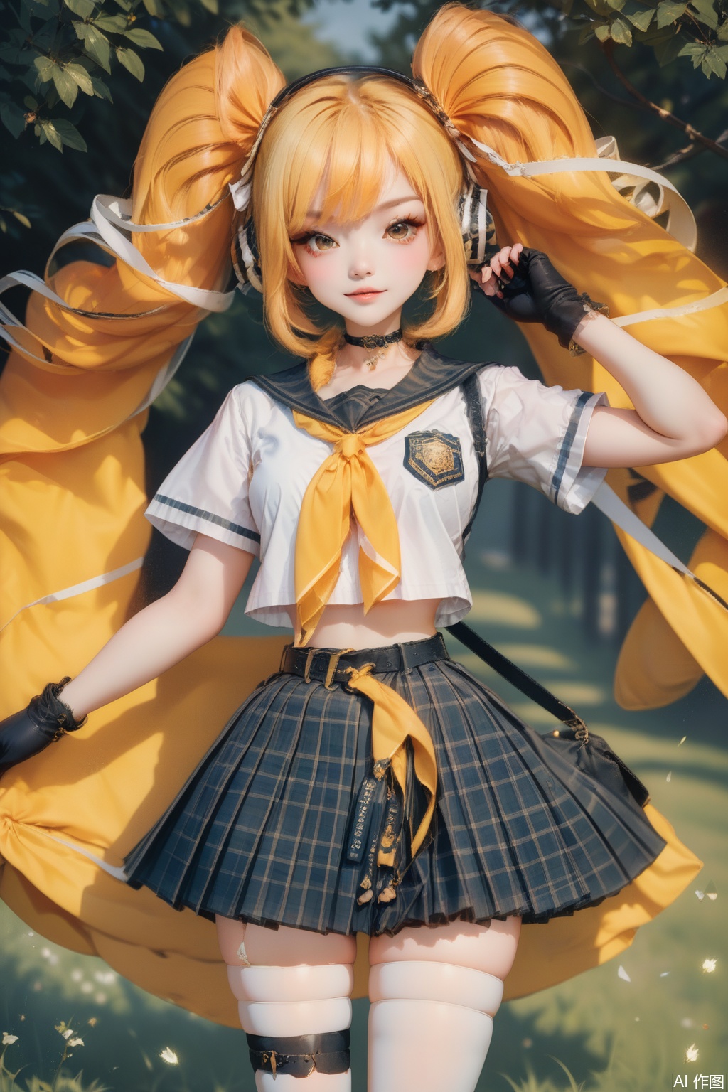 score_9,score_8_up,score_7_up,,1girl, solo, long hair, looking at viewer, bangs, skirt, blonde hair, shirt, thighhighs, gloves, ribbon, twintails, brown eyes, school uniform, white shirt, short sleeves, pleated skirt,Thigh exposed,thighhighs,looking at viewer,in a meadow,in a meadow,