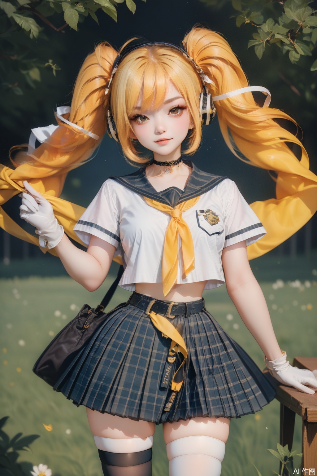 score_9,score_8_up,score_7_up,,1girl, solo, long hair, looking at viewer, bangs, skirt, blonde hair, shirt, thighhighs, gloves, ribbon, twintails, brown eyes, school uniform, white shirt, short sleeves, pleated skirt,Thigh exposed,thighhighs,looking at viewer,in a meadow,in a meadow,