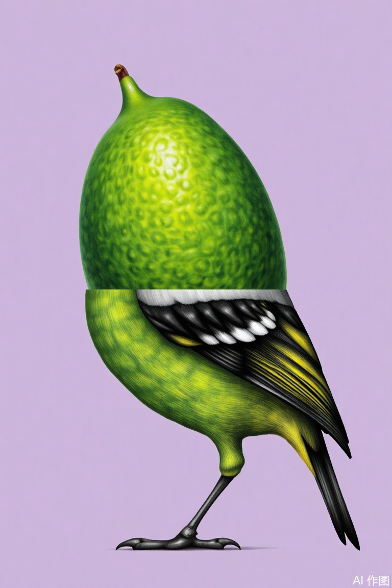  This is a creative composite image that combines green fruit (similar to lime) with the body parts of a bird to form a unique "fruit bird" image. The color contrast is vivid and full of creativity. synthesis