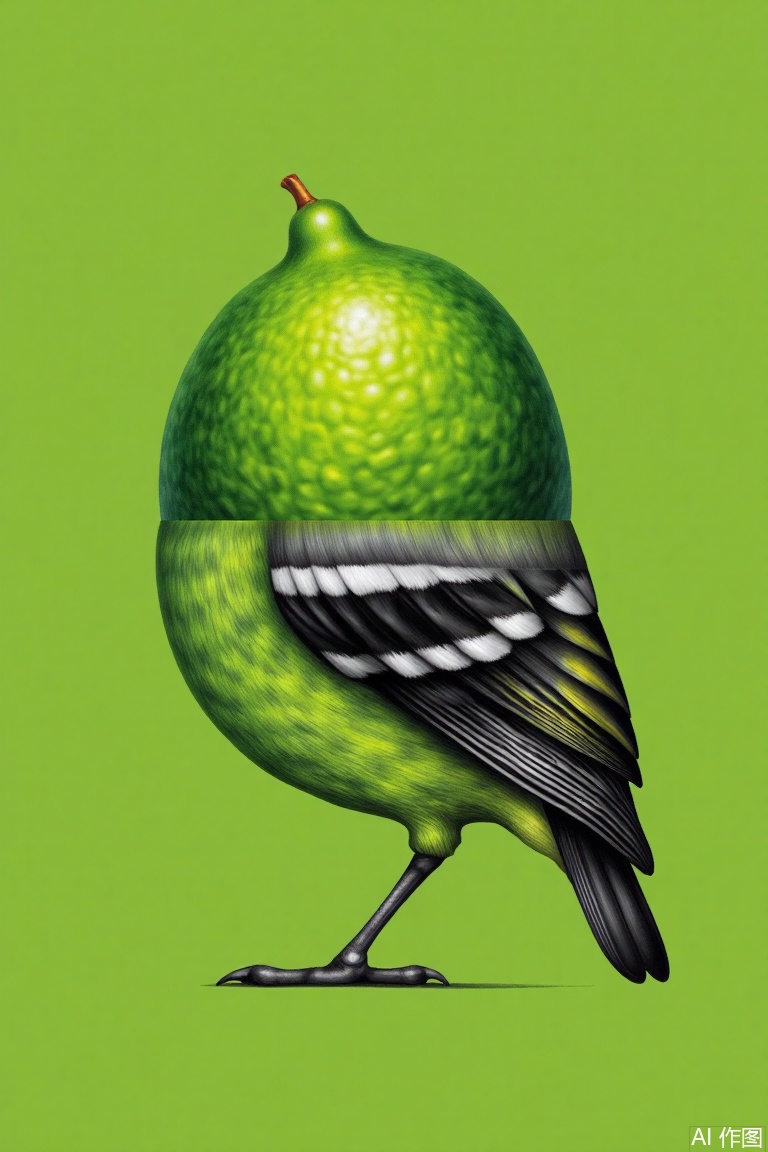  This is a creative composite image that combines green fruit (similar to lime) with the body parts of a bird to form a unique "fruit bird" image. The color contrast is vivid and full of creativity. synthesis